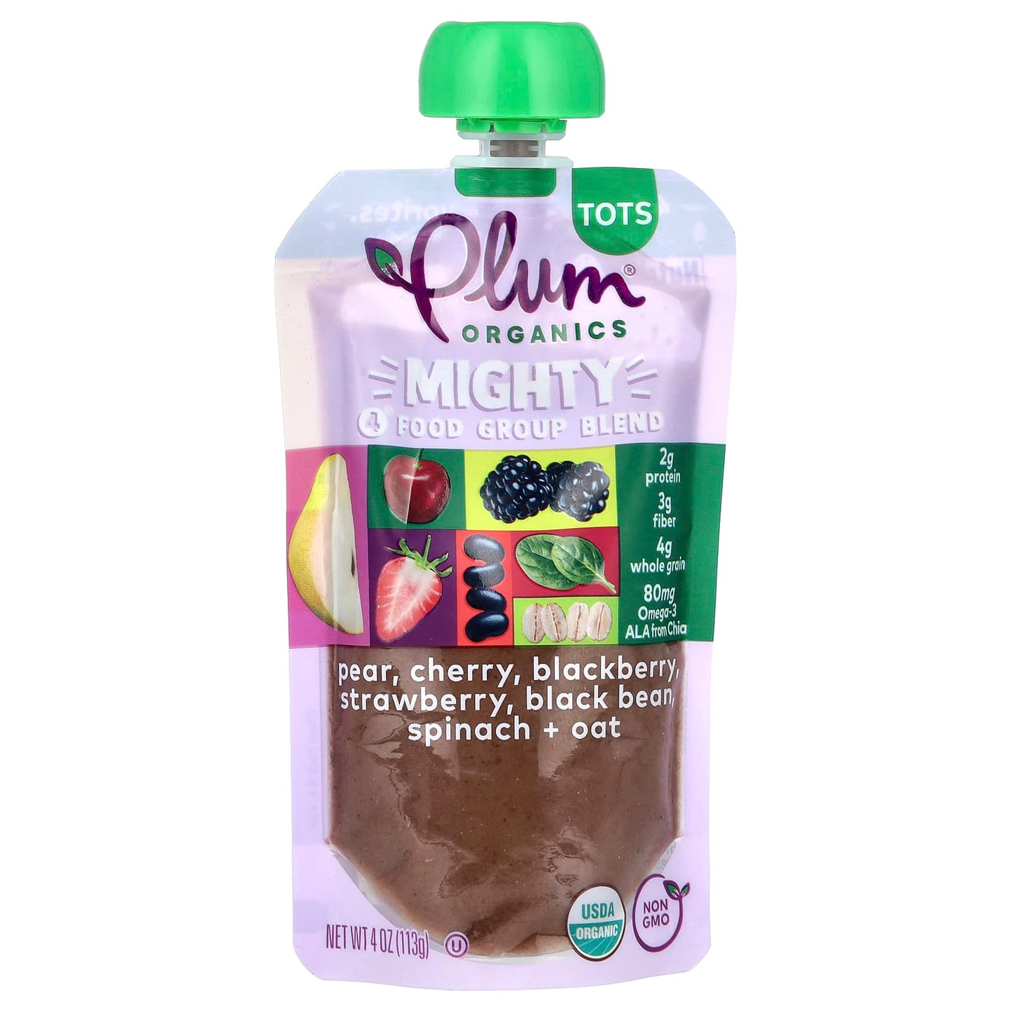 Plum Organics, Mighty 4 Food Group Blend, Tots, Pear, Cherry, Blackberry, Strawberry, Black Bean, Spinach & Oat, 4 oz (113 g) - Image 1