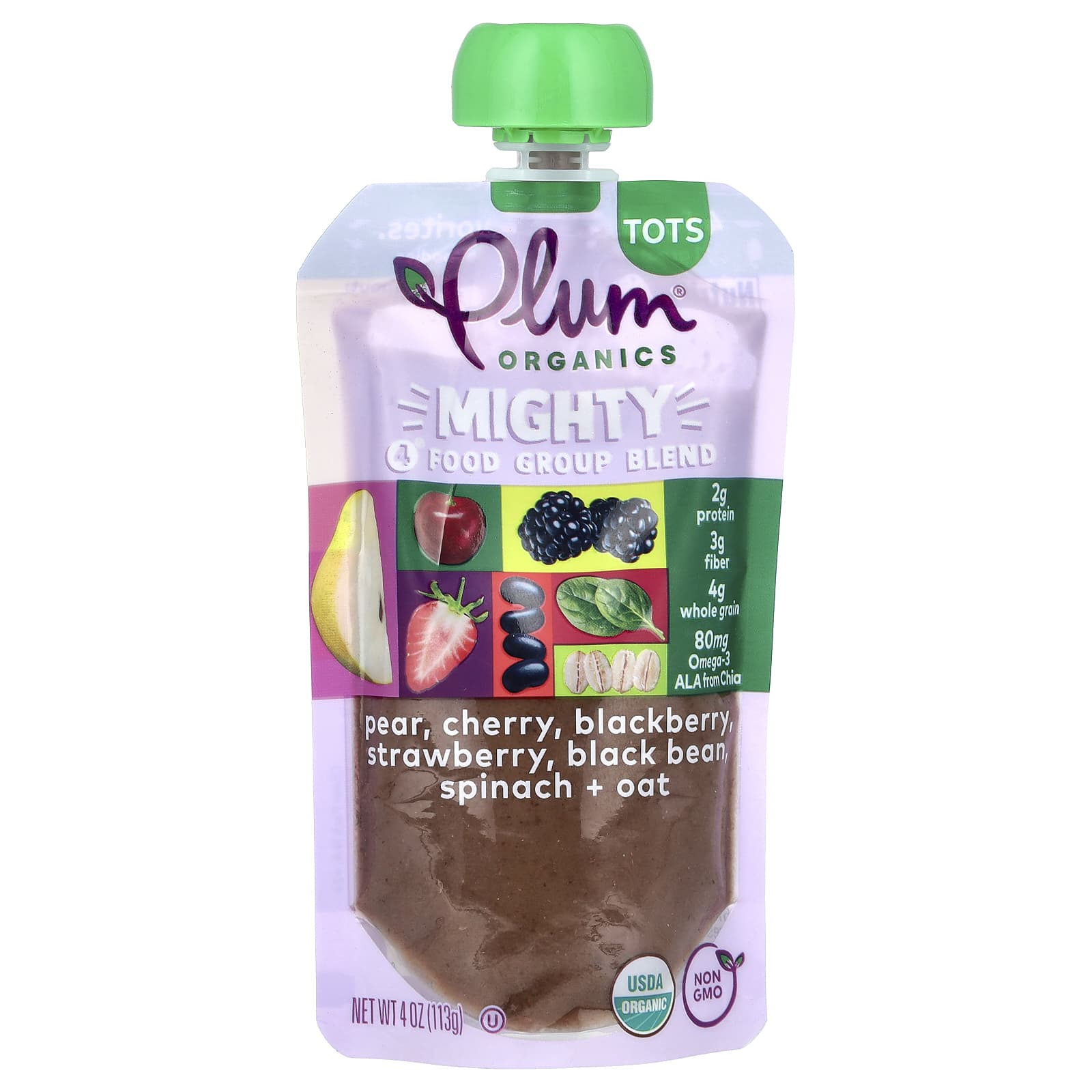 Plum Organics, Mighty 4 Food Group Blend, Tots, Pear, Cherry, Blackberry, Strawberry, Black Bean, Spinach & Oat, 4 oz (113 g) - Image 1