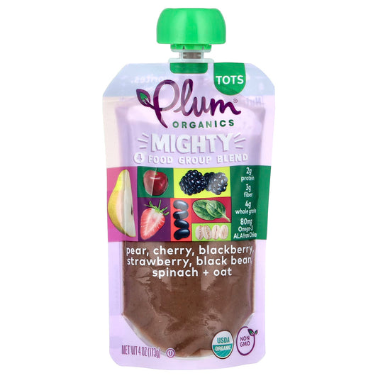 Plum Organics, Mighty 4 Food Group Blend, Tots, Pear, Cherry, Blackberry, Strawberry, Black Bean, Spinach & Oat, 4 oz (113 g) - Image 1