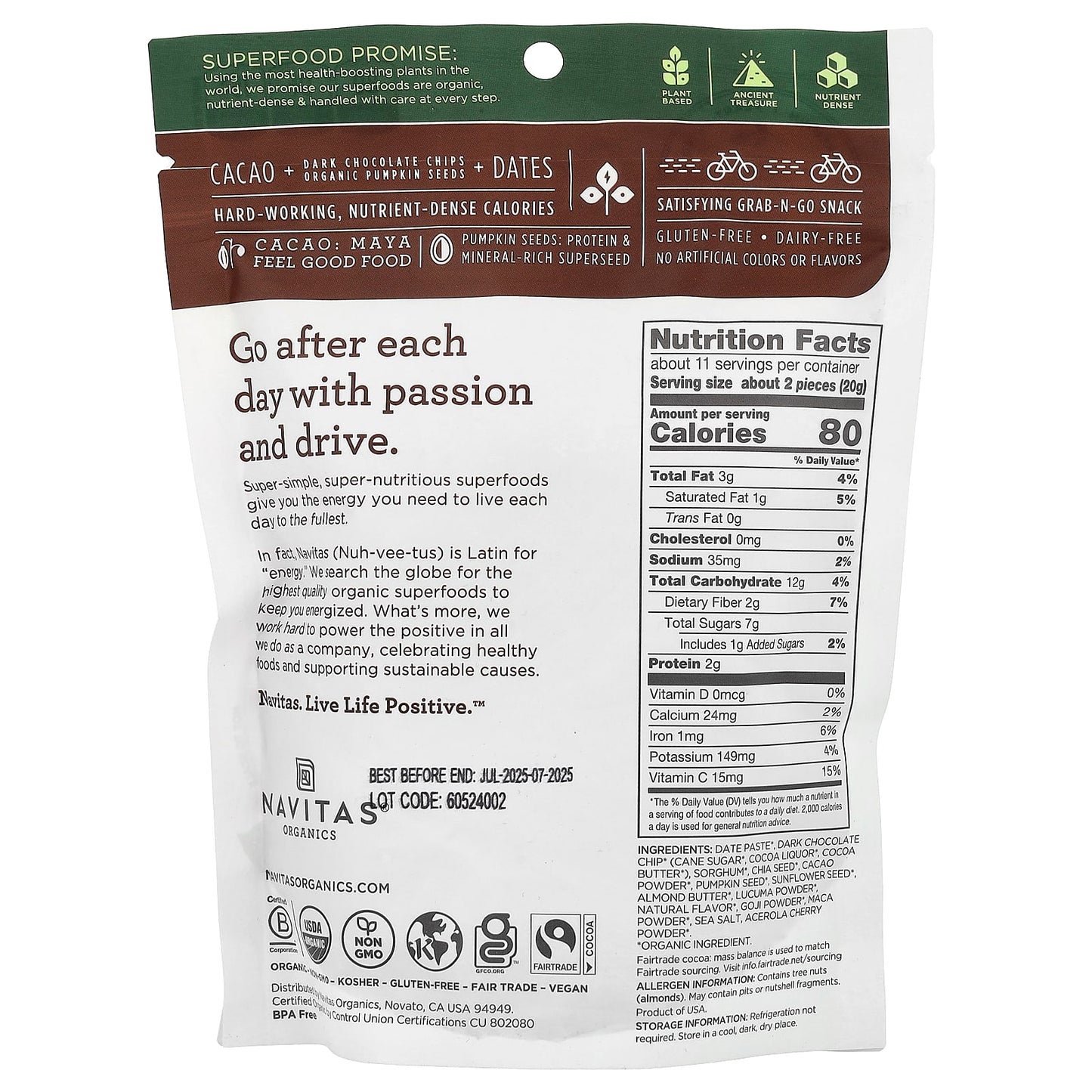 Navitas Organics, Organic Power Snacks, Chocolate Brownie, 8 oz (227 g) - Image 2
