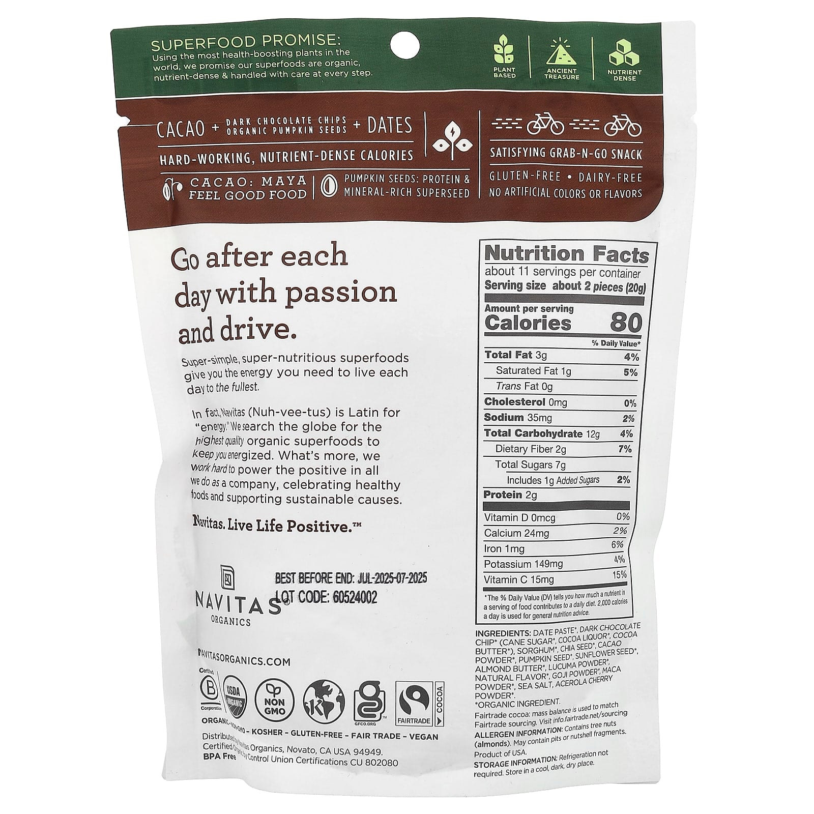Navitas Organics, Organic Power Snacks, Chocolate Brownie, 8 oz (227 g) - Image 2
