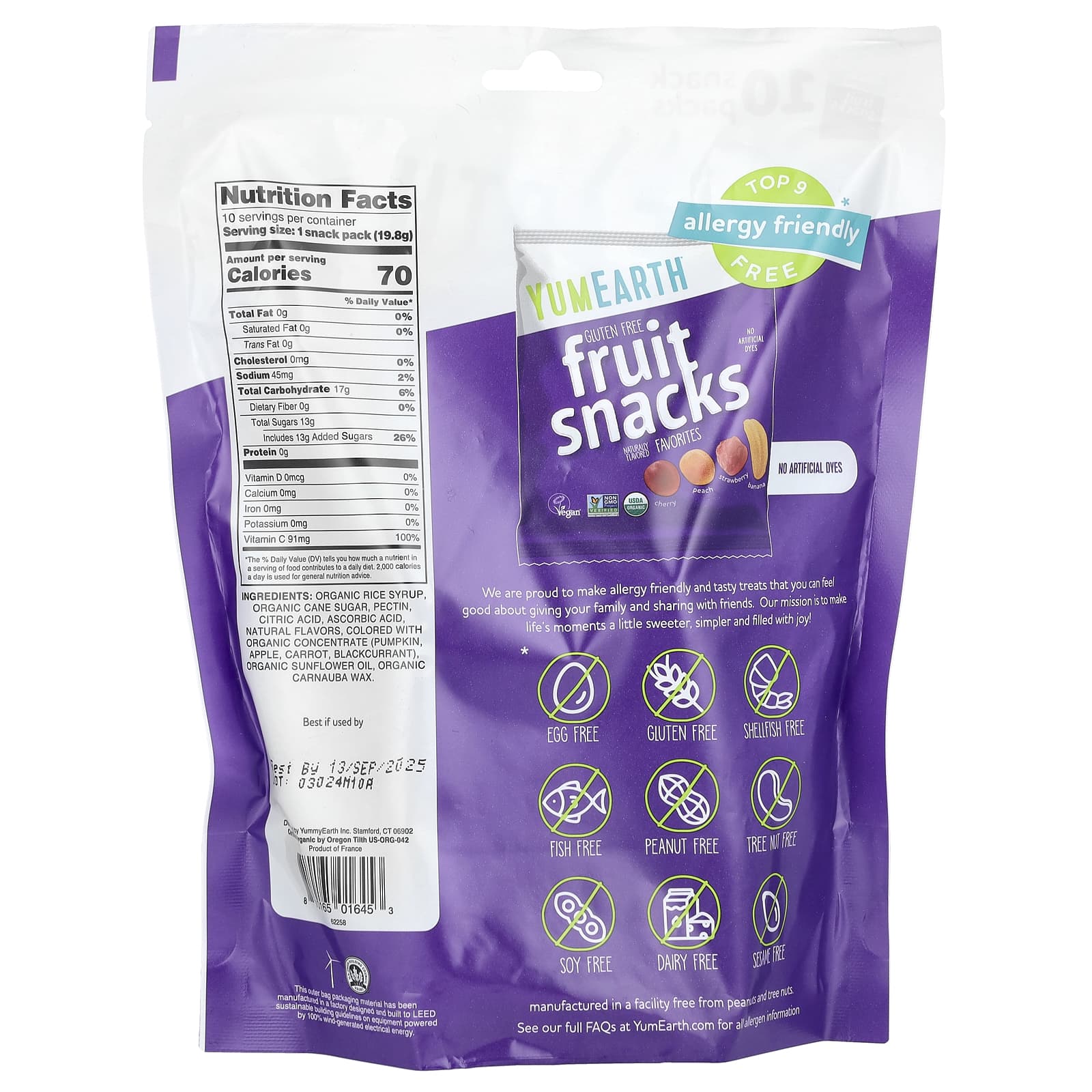 YumEarth, Organic Fruit Snacks, Favorites, 10 Snack Packs, 0.7 oz (19.8 g) Each - Image 2