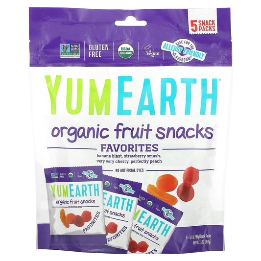YumEarth, Organic Fruit Snacks, Favorites, 5 Packs, 0.7 oz (19.8 g) Each - Image 1