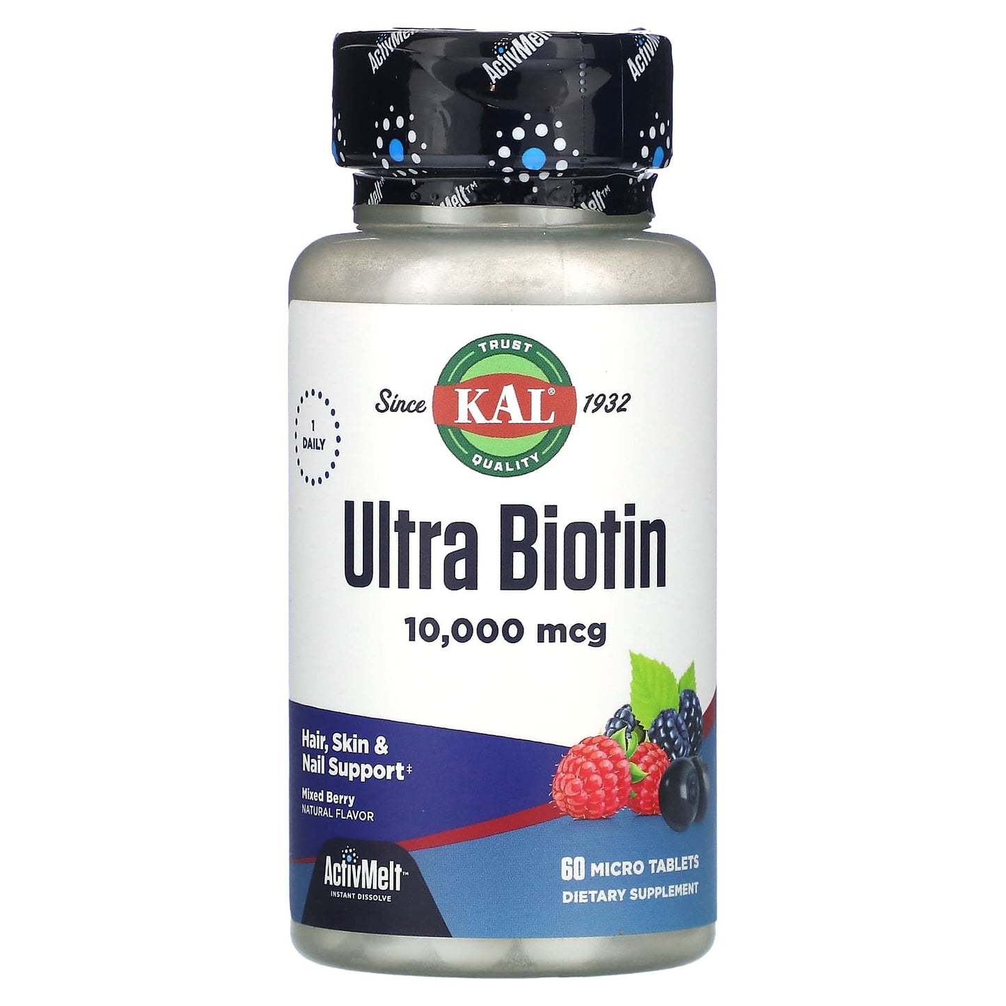 KAL, Ultra Biotin, ActivMelt, Mixed Berry, 10,000 mcg, 60 Micro Tablets - Image 1