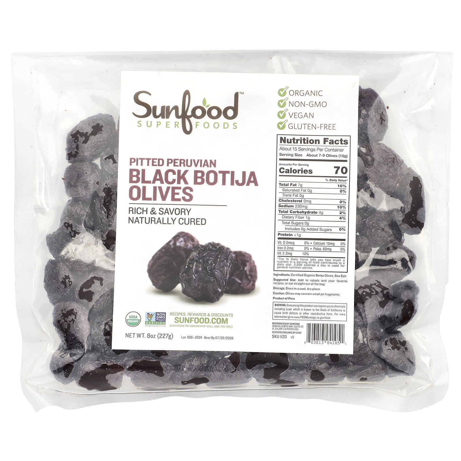 Sunfood, Pitted Peruvian Black Botija Olives, 8 oz (227 g) - Image 1