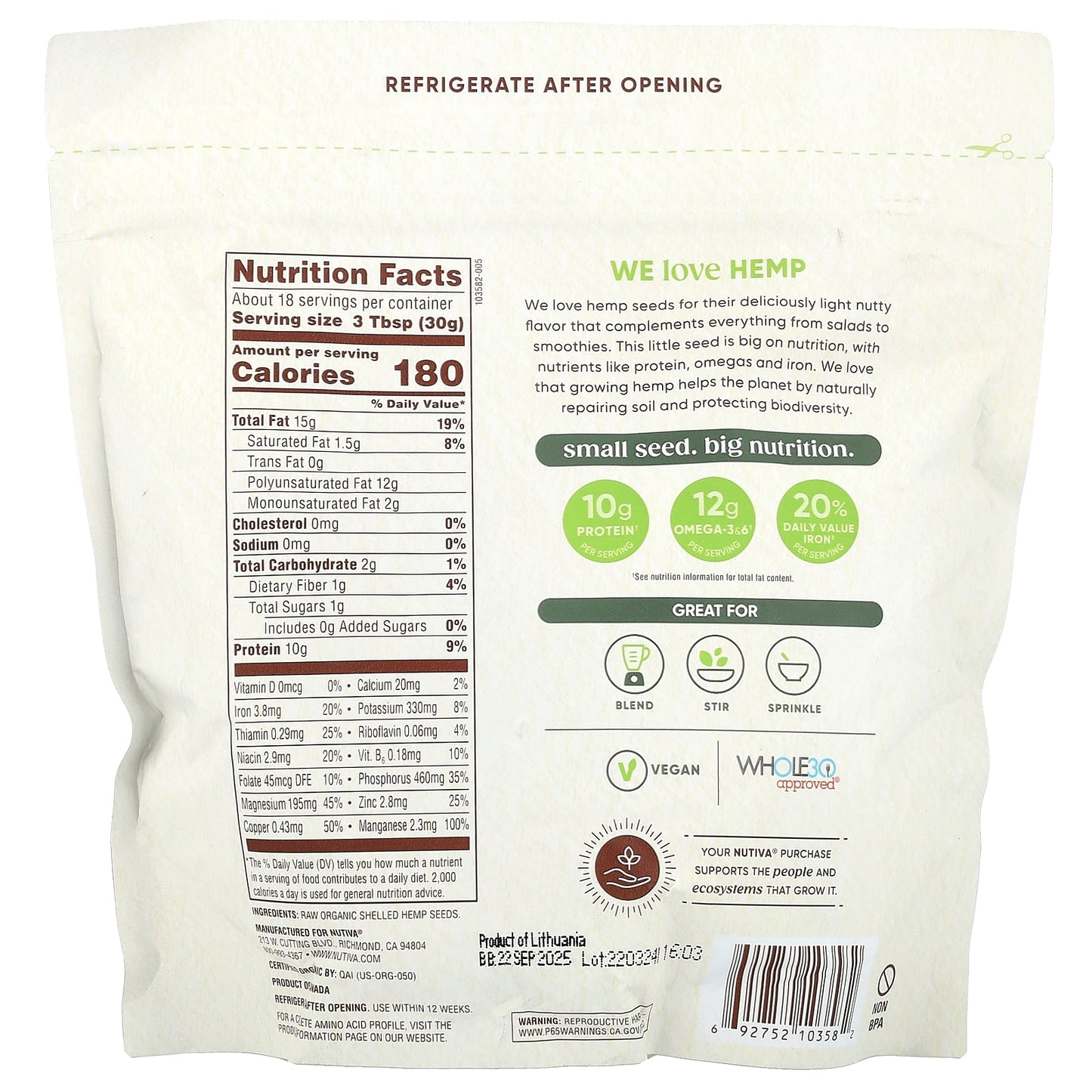 Nutiva, Organic Hemp Seeds, 19 oz (539 g) - Image 2