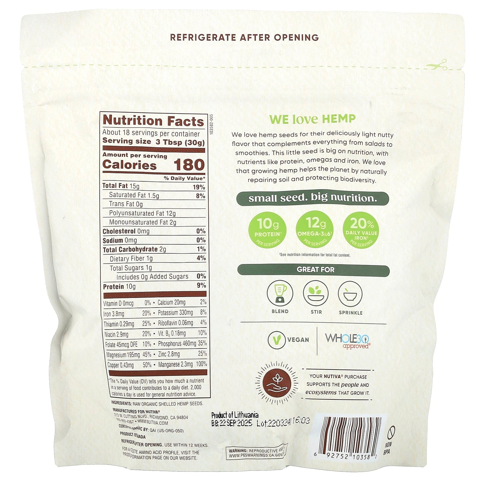Nutiva, Organic Hemp Seeds, 19 oz (539 g) - Image 2