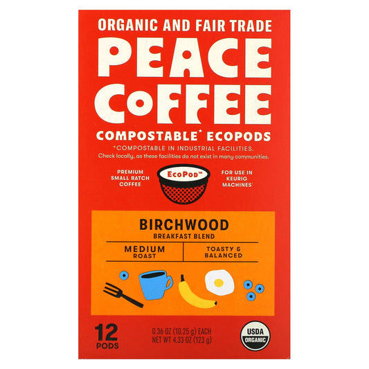 Peace Coffee, Organic Birchwood Breakfast Blend, Medium Roast , 12 Pods, 0.36 oz (10.25 g) Each - Image 1