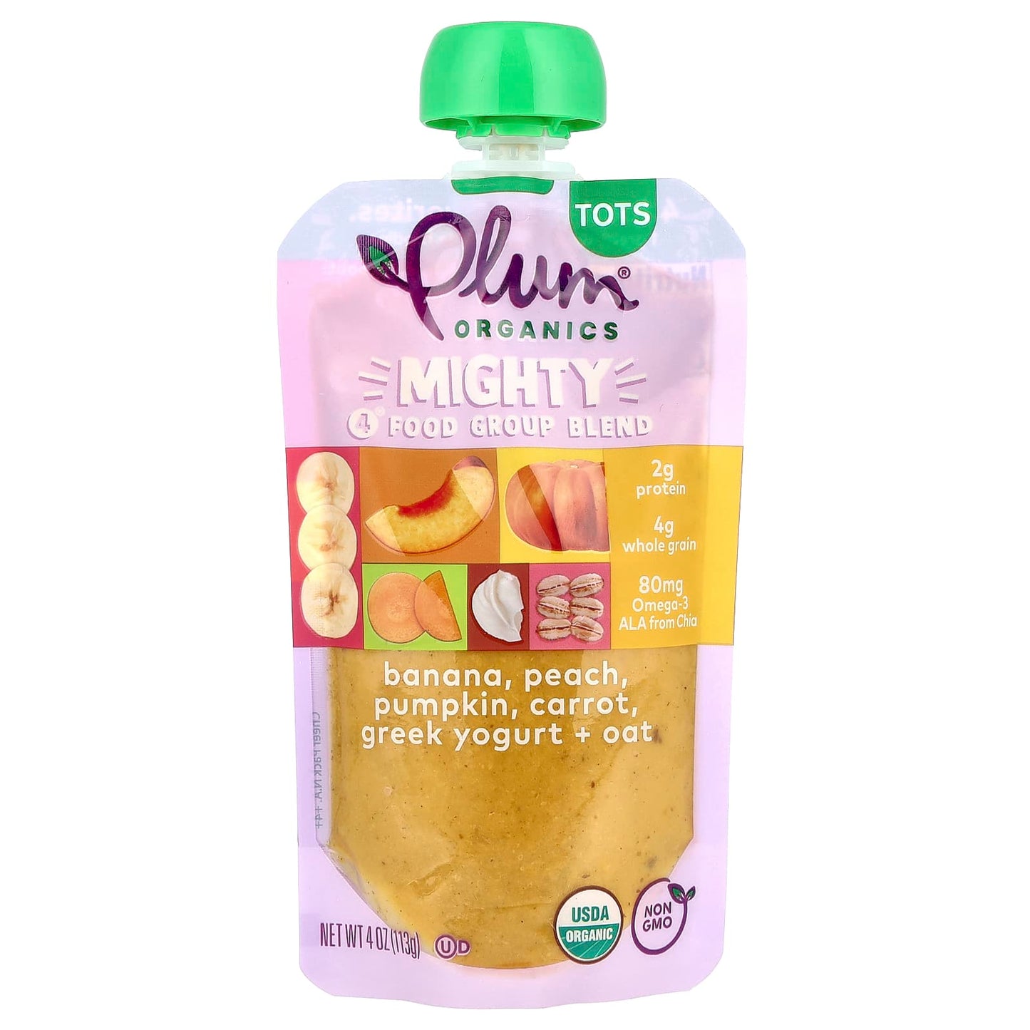 Plum Organics, Mighty 4®, 4 Food Group Blend, Tots, Banana, Peach, Pumpkin, Carrot, Greek Yogurt, Oat, 4 oz (113 g) - Image 1