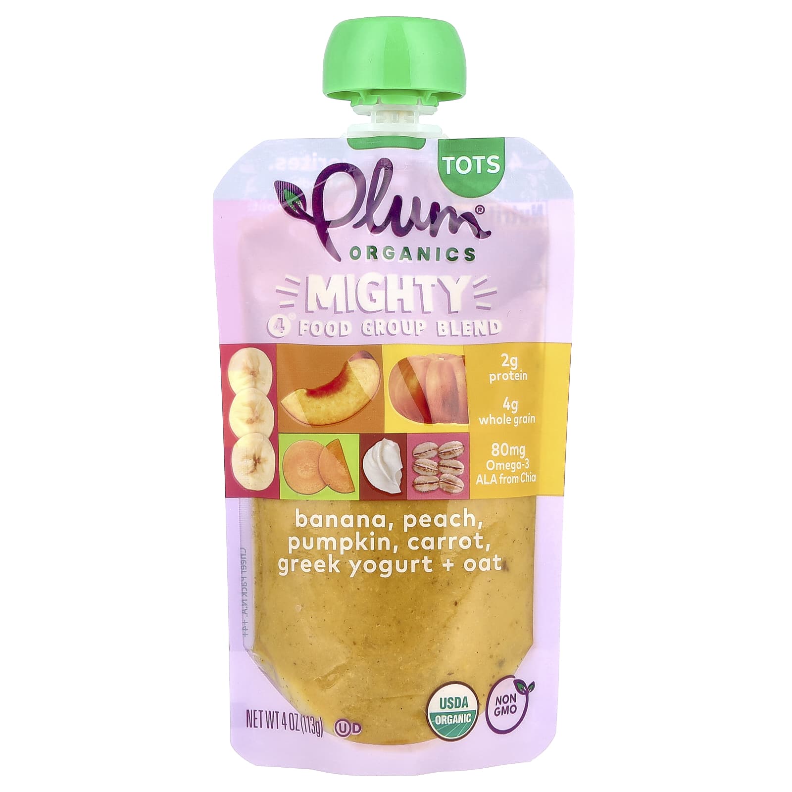 Plum Organics, Mighty 4®, 4 Food Group Blend, Tots, Banana, Peach, Pumpkin, Carrot, Greek Yogurt, Oat, 4 oz (113 g) - Image 1