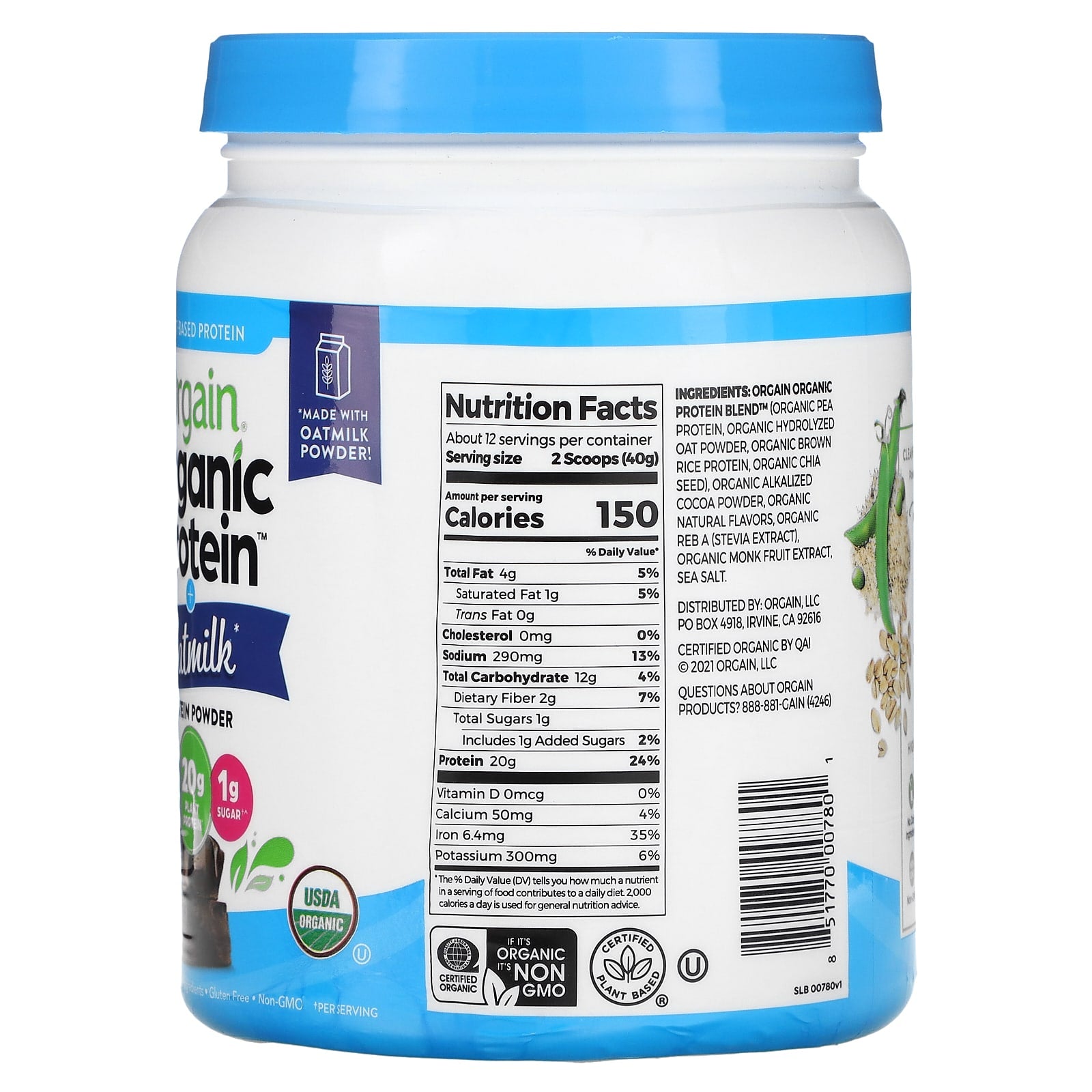 Orgain, Organic Protein Powder + Oatmilk, Plant Based, Chocolate, 1.05 lb (479 g) - Image 2