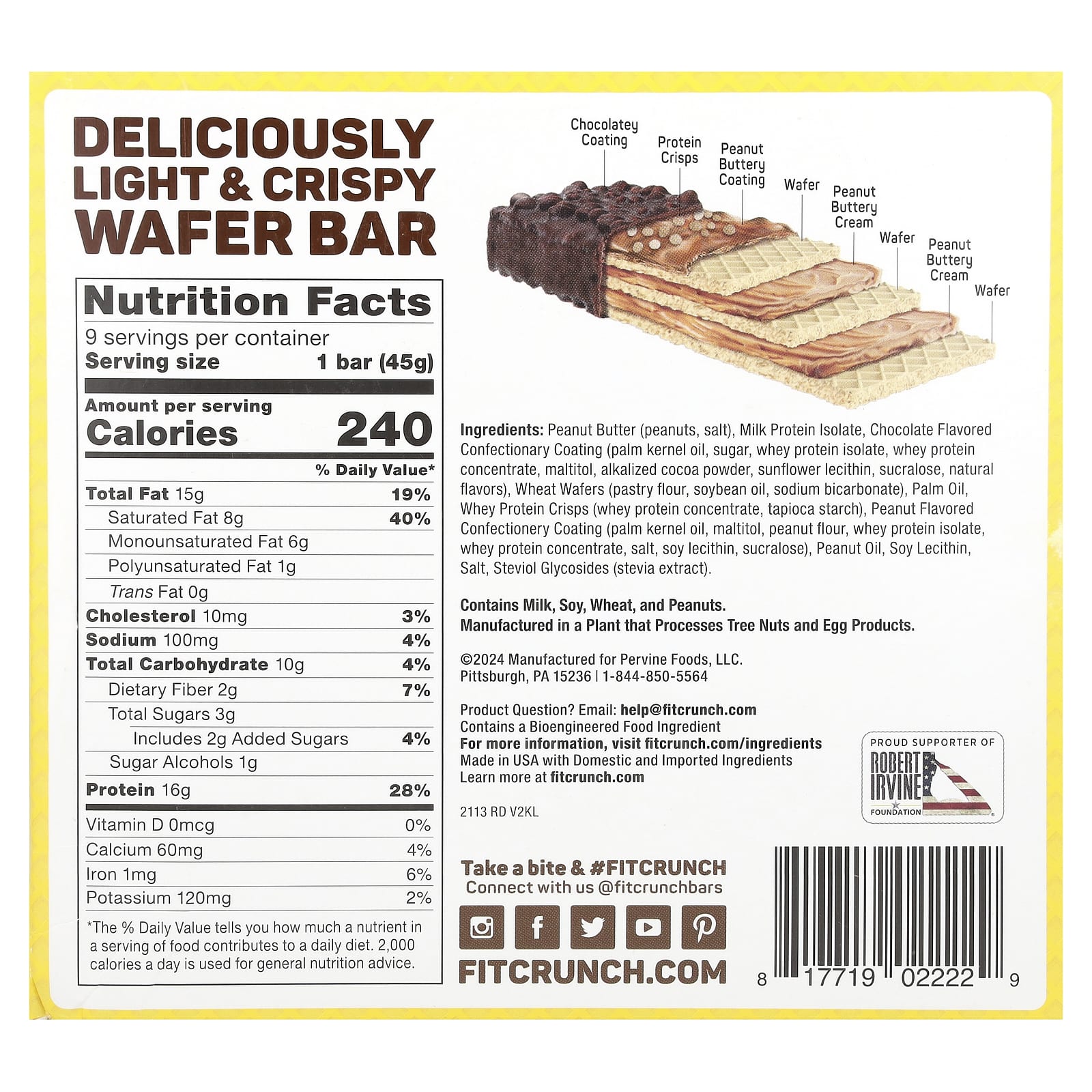 FITCRUNCH, Wafer Protein Bar, Chocolate Peanut Butter, 9 Bars, 1.59 oz (45 g) Each