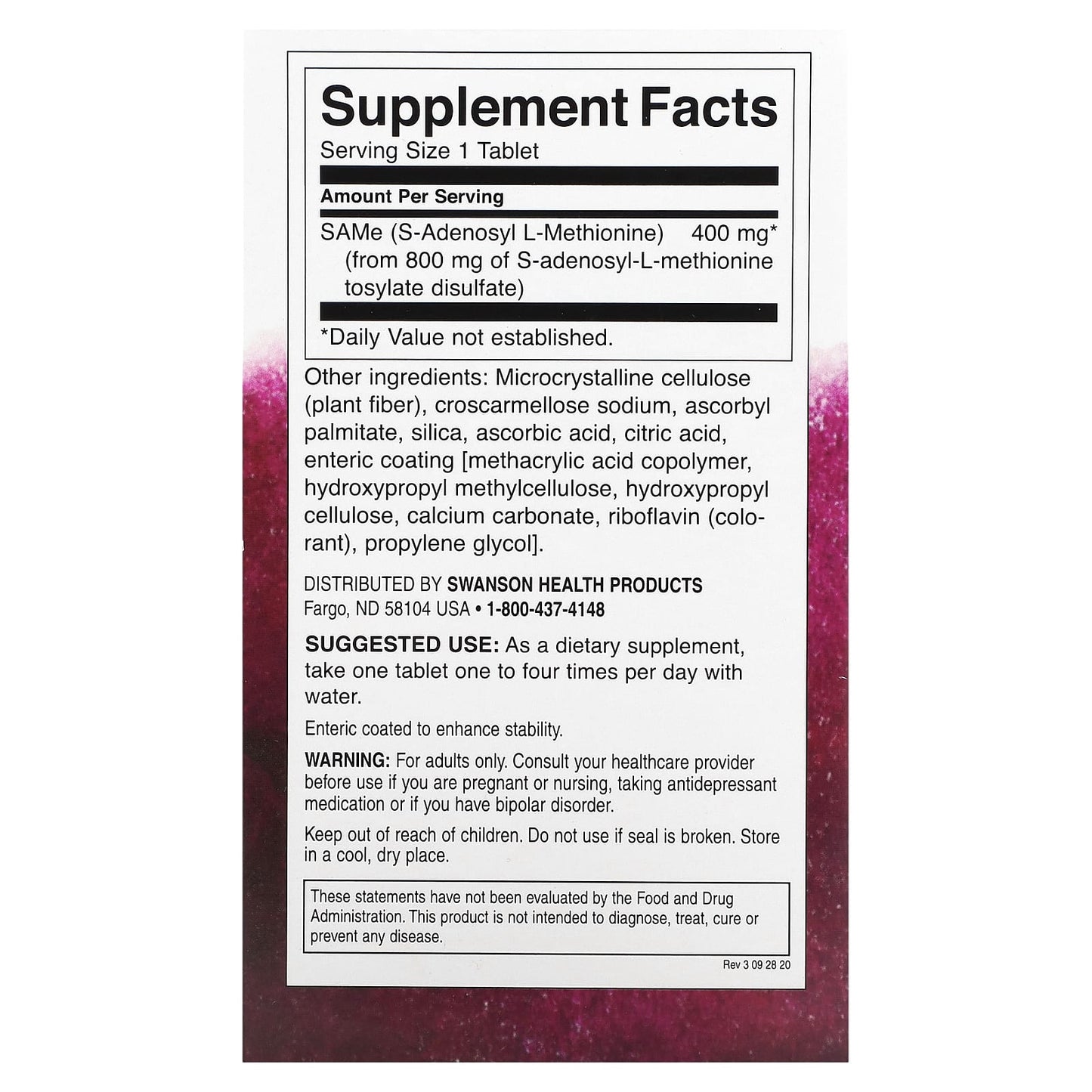 Swanson, SAMe, High Potency, 400 mg, 30 Tablets - Image 2