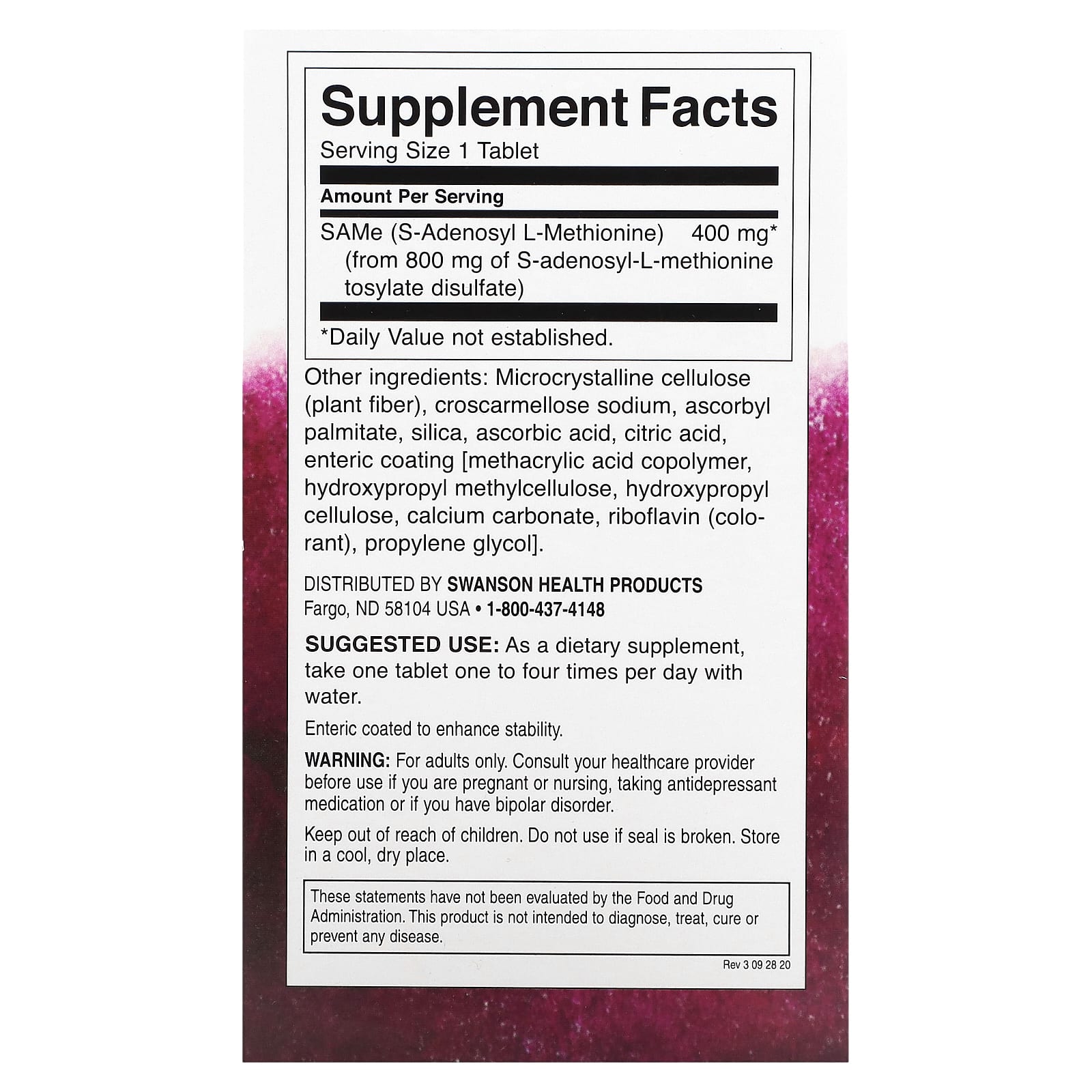 Swanson, SAMe, High Potency, 400 mg, 30 Tablets - Image 2