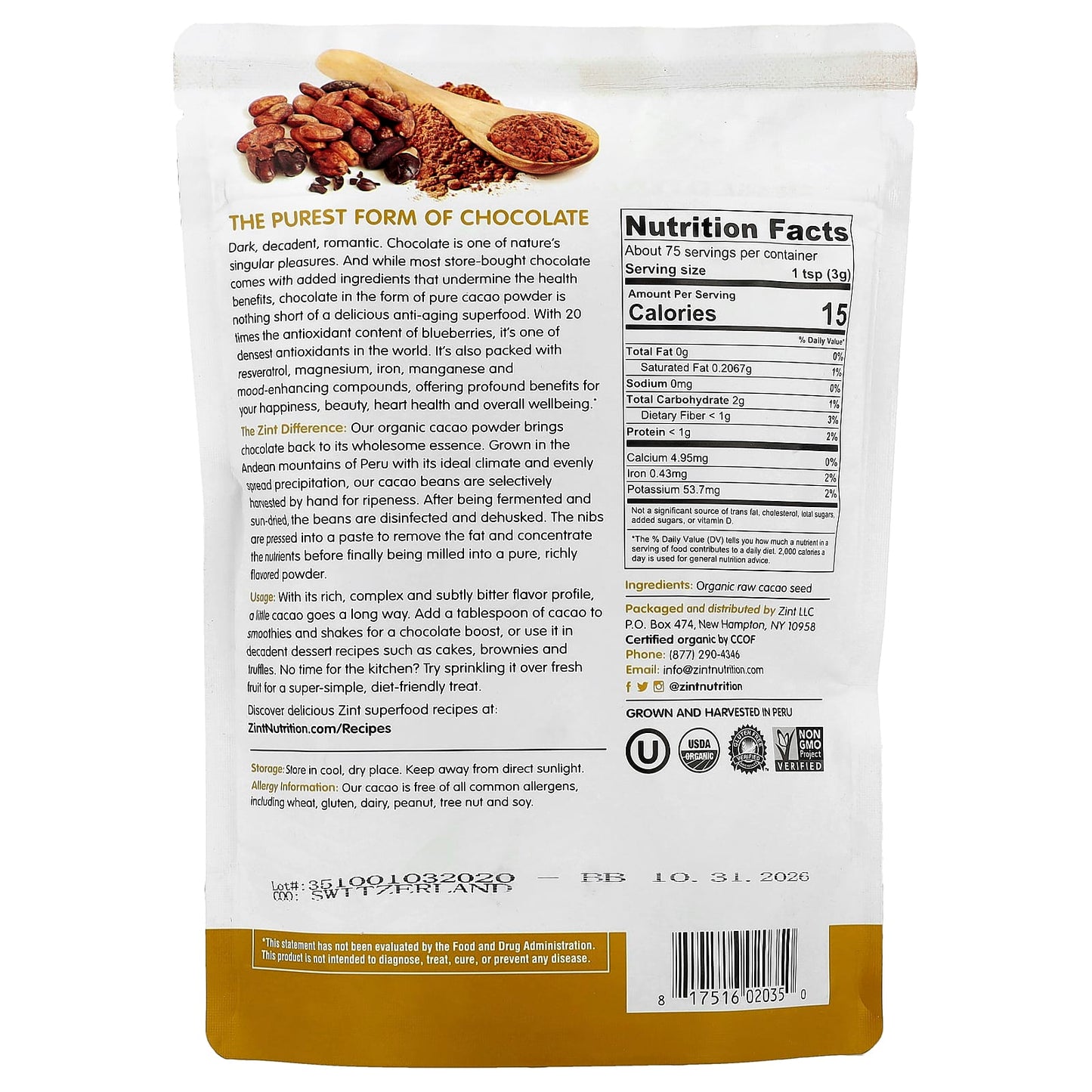 Zint, Raw Organic Powder, Cacao, 8 oz (227 g) - Image 2