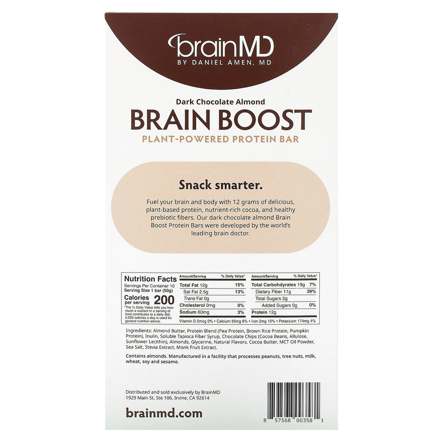 BrainMD Brain Boost Dark Chocolate Almond Protein Bars - 12g Protein, Vegan, Gluten-Free - Image 2