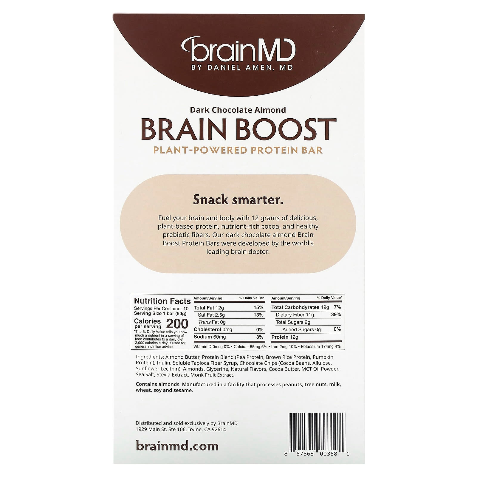 BrainMD Brain Boost Dark Chocolate Almond Protein Bars - 12g Protein, Vegan, Gluten-Free - Image 2