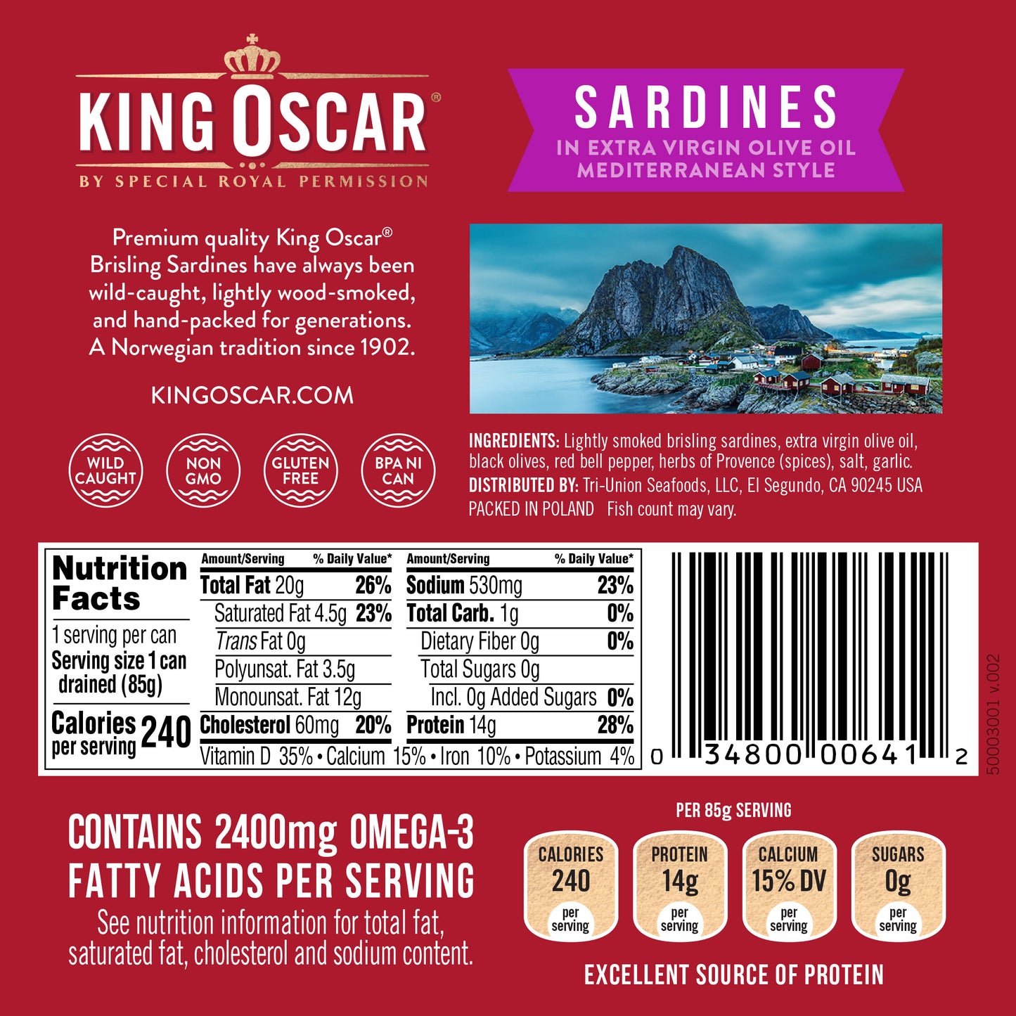 King Oscar, Wild Caught Sardines, Mediterranean Style, 3.75 oz (106 g) - Image 2