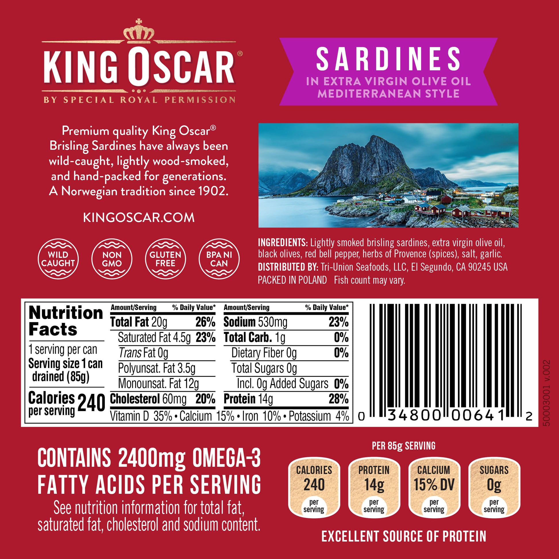 King Oscar, Wild Caught Sardines, Mediterranean Style, 3.75 oz (106 g) - Image 2