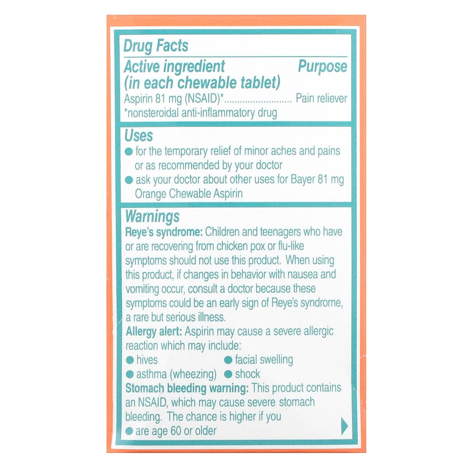 Bayer Orange Chewable Aspirin Pain Relief Tablets, 81mg, 36 Count - Image 2
