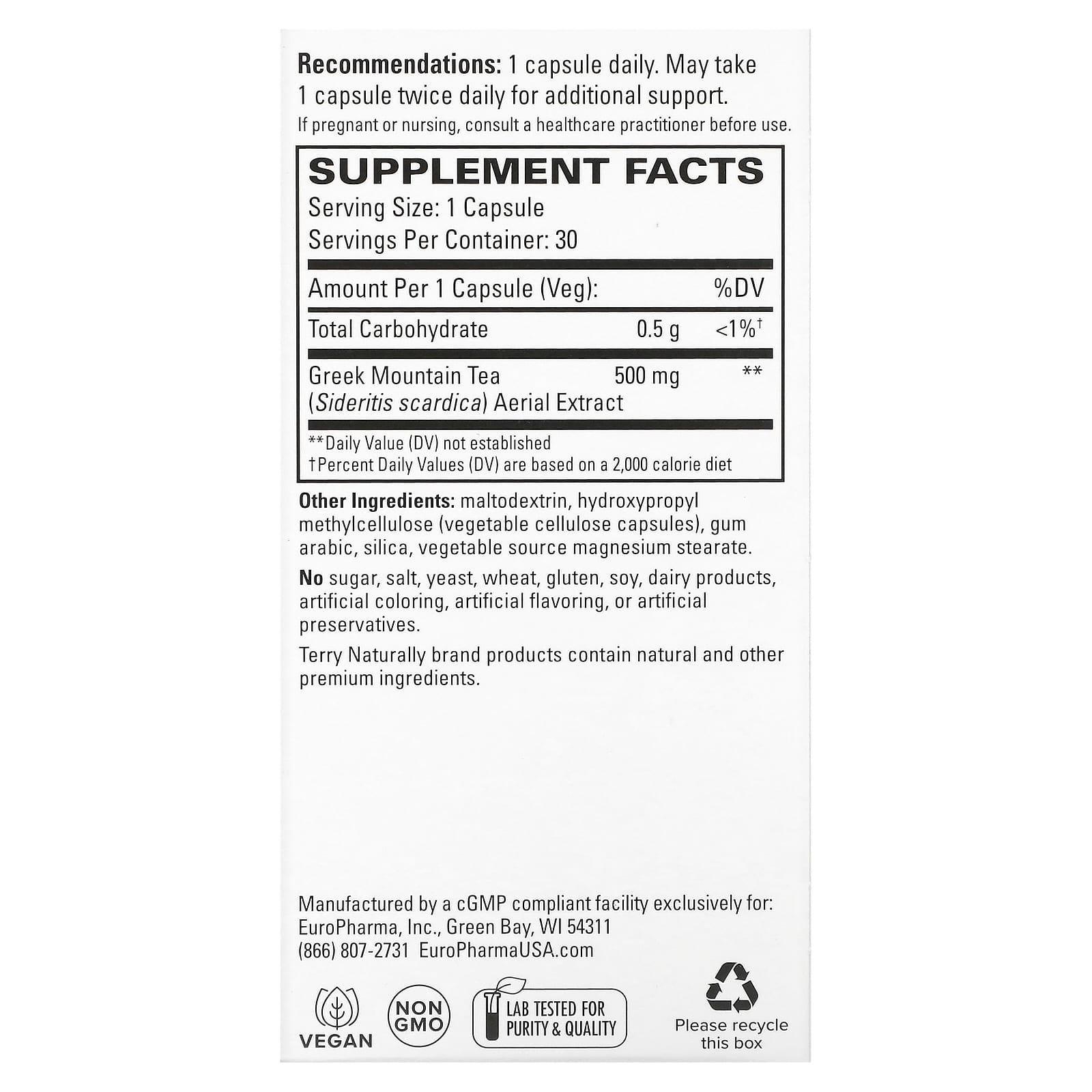 Terry Naturally, Greek Mountain Tea, 30 Capsules (500 mg per Capsule)
