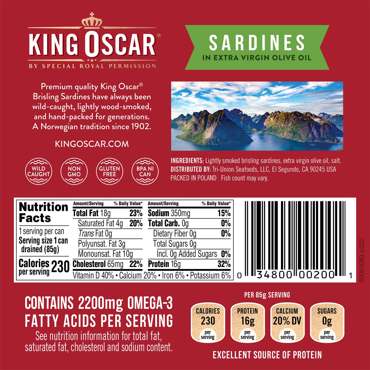 King Oscar, Wild Caught, Sardines In Extra Virgin Olive Oil, Two Layer 12-22 Fish, 3.75 oz (106 g) - Image 2