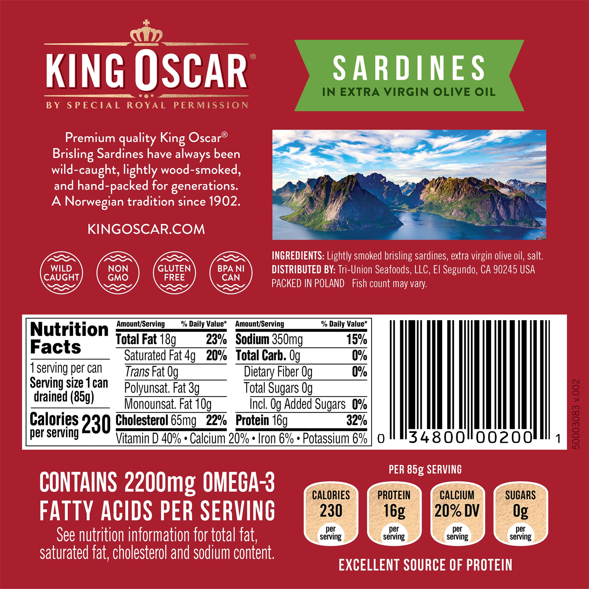 King Oscar, Wild Caught, Sardines In Extra Virgin Olive Oil, Two Layer 12-22 Fish, 3.75 oz (106 g) - Image 2