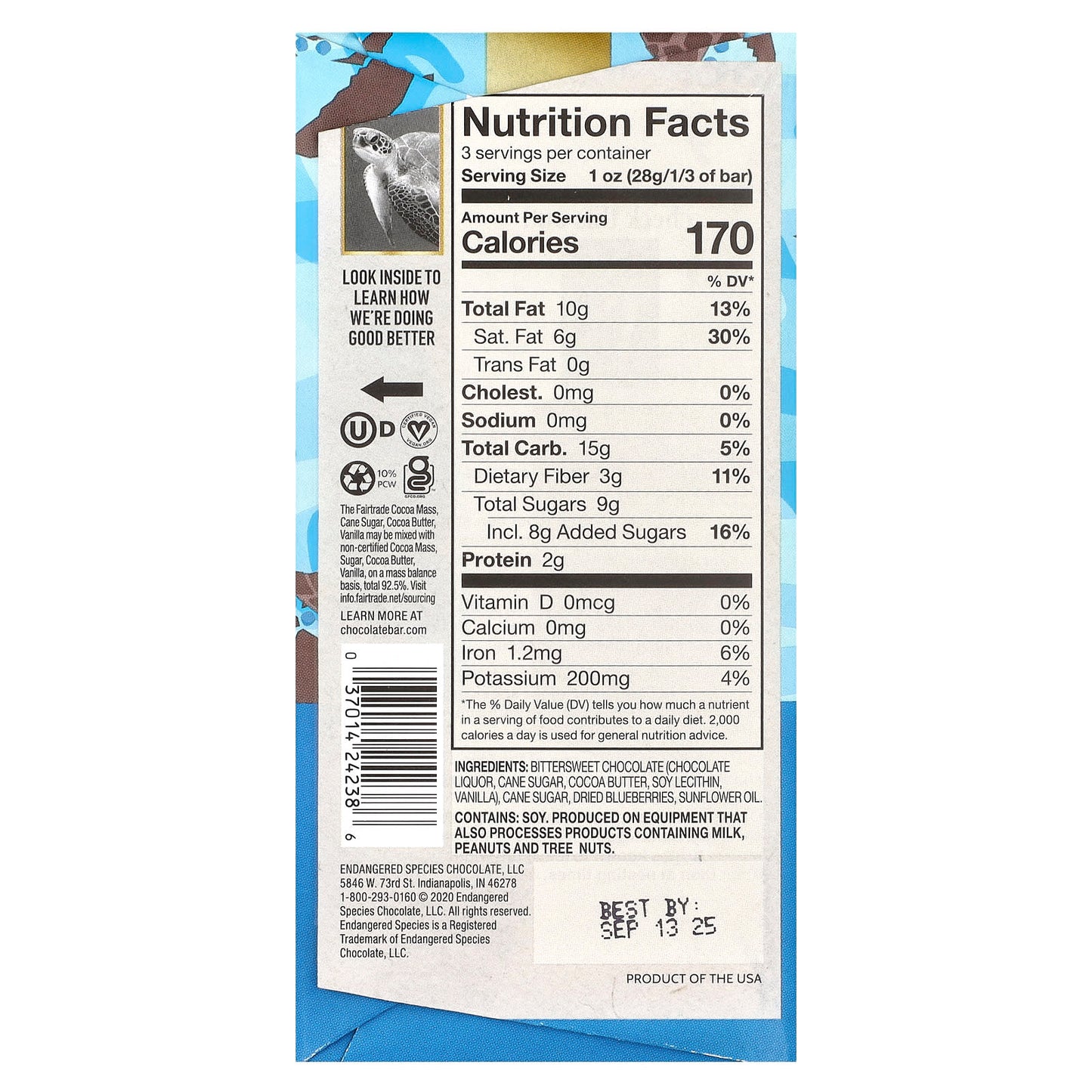 Certified Vegan Blueberry Dark Chocolate Bar by Endangered Species Chocolate - Image 2