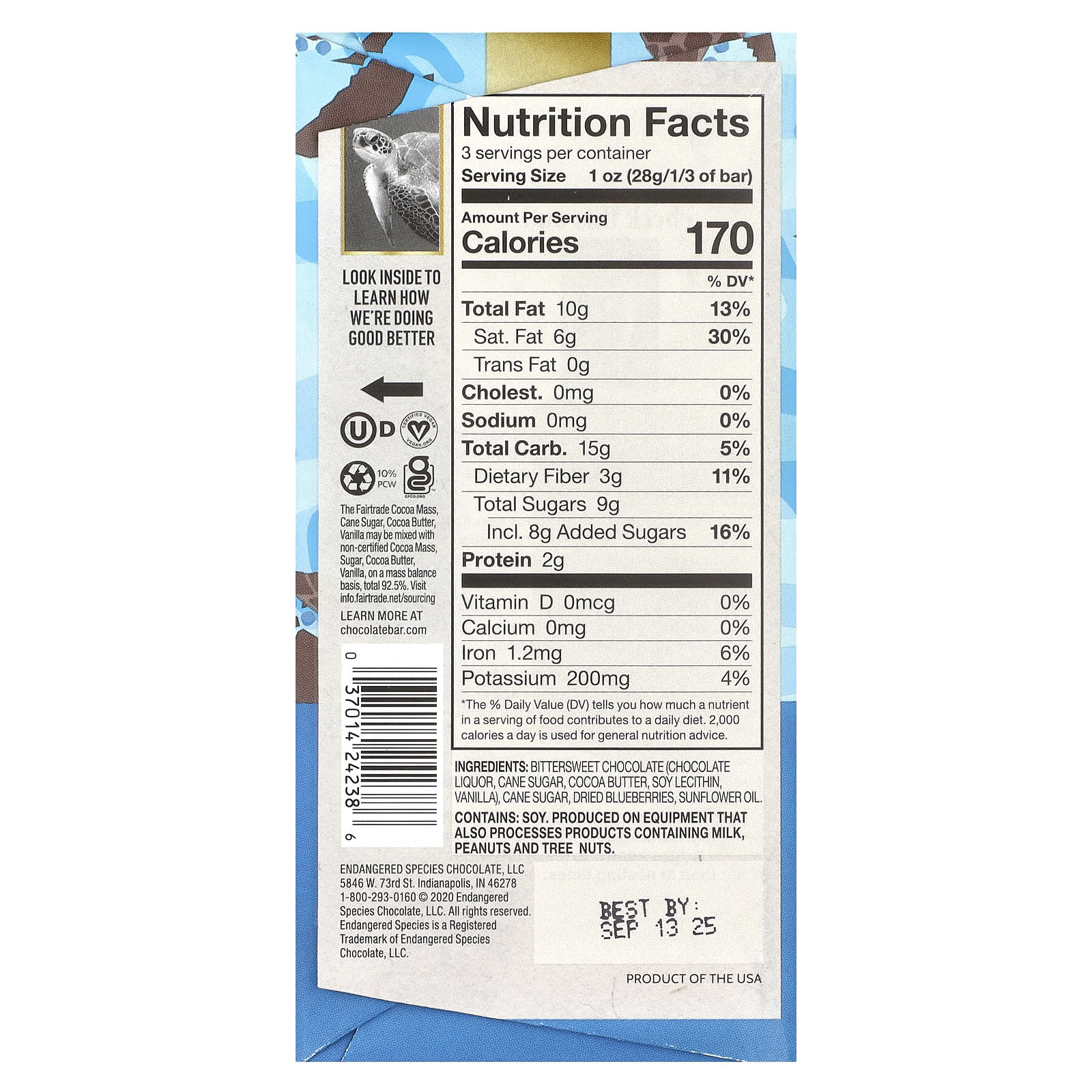 Certified Vegan Blueberry Dark Chocolate Bar by Endangered Species Chocolate - Image 2