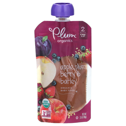 Plum Organics, Organic Baby Food, 6 Mos & Up, Apple, Plum, Berry & Barley, 3.5 oz (99 g) - Image 1