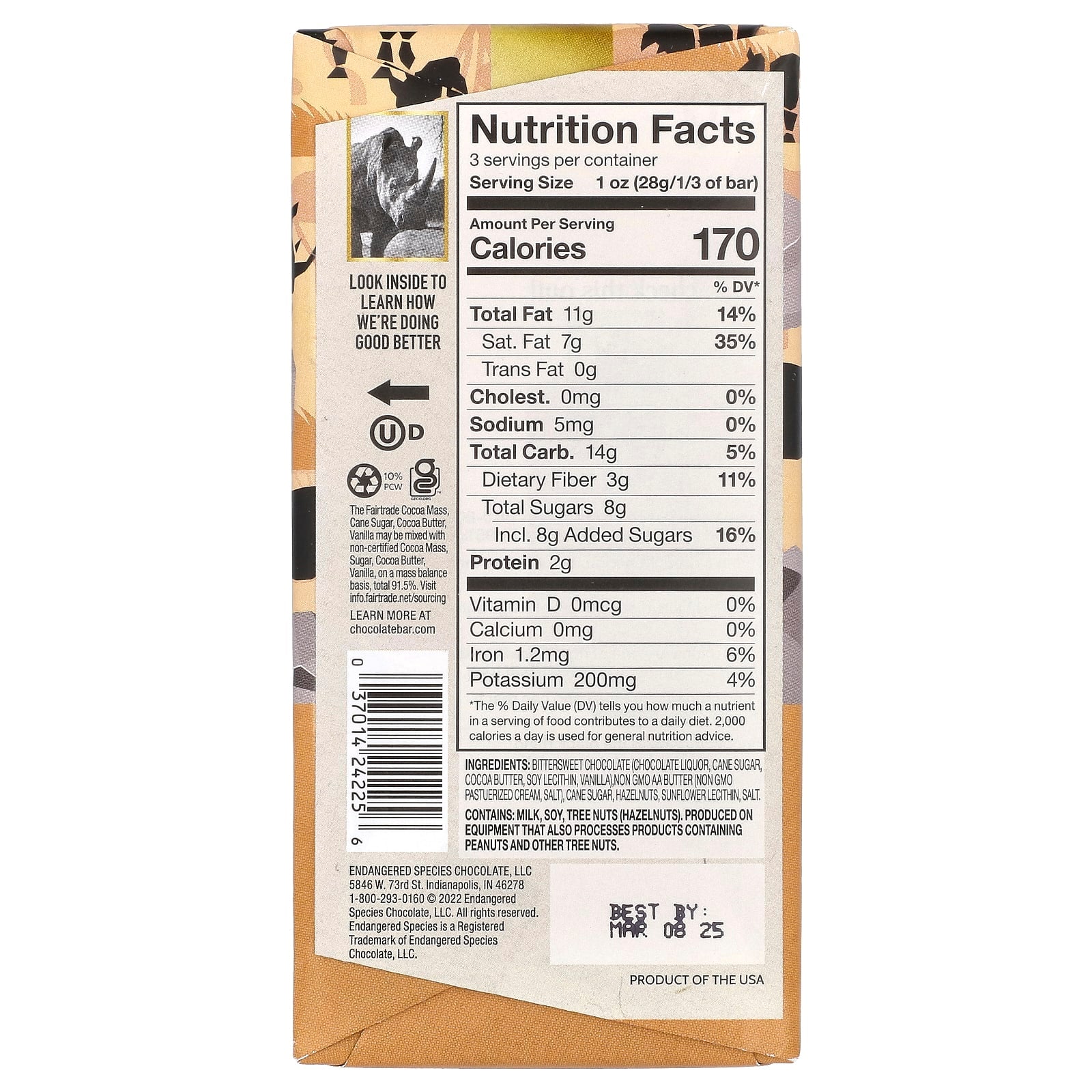 Rich Hazelnut Toffee Dark Chocolate Bar by Endangered Species - Image 2