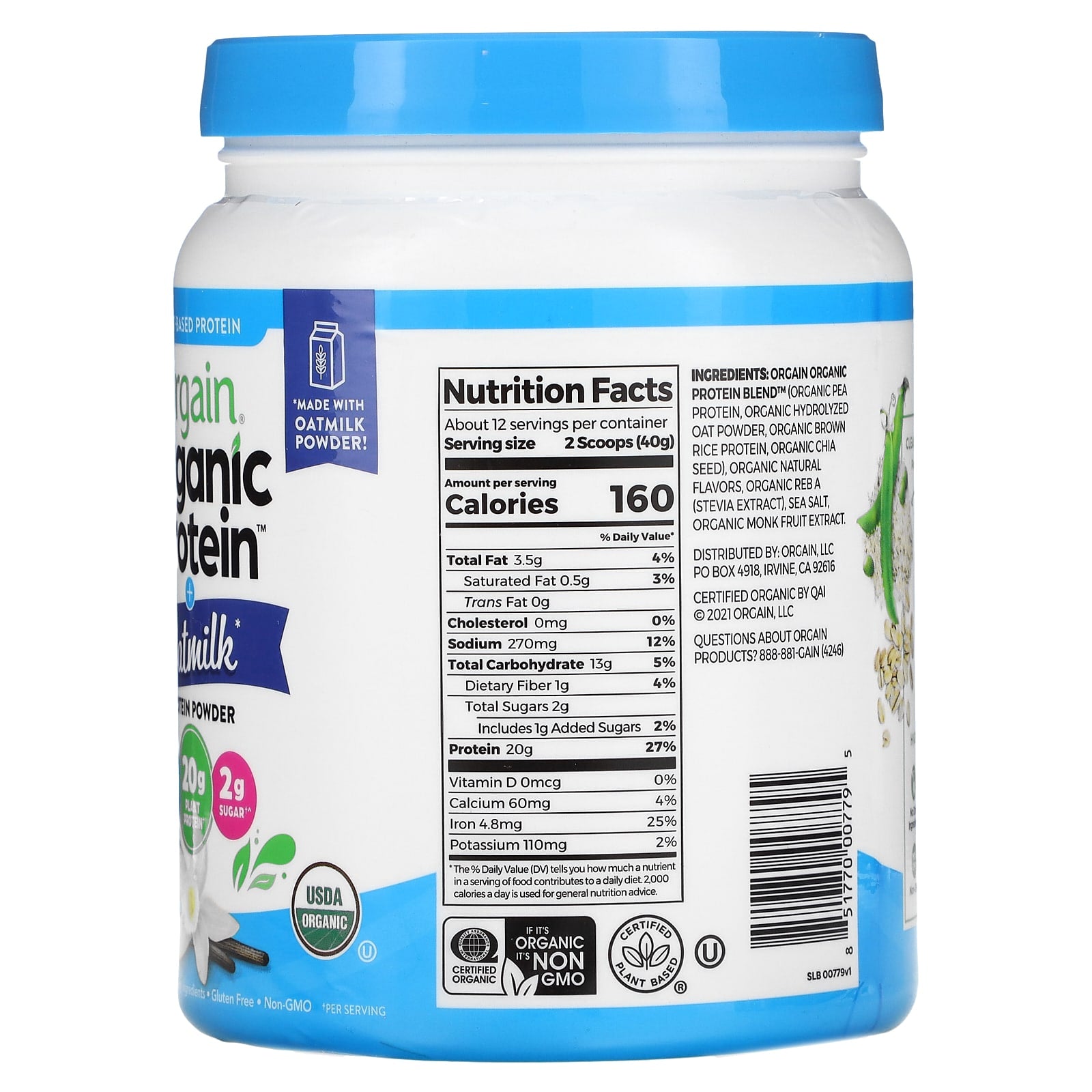 Orgain, Organic Protein Powder + Oatmilk, Plant Based, Vanilla Bean, 1.05 lb (479 g) - Image 2