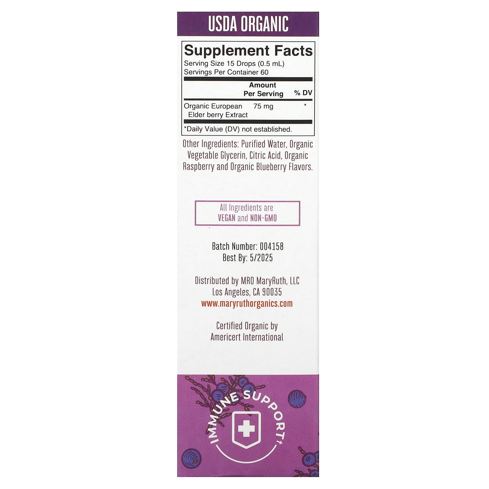 MaryRuth's, Organic Kids Elderberry Liquid Drops, 4-13 Years, Blueberry + Raspberry, 75 mg, 1 fl oz (30 ml)