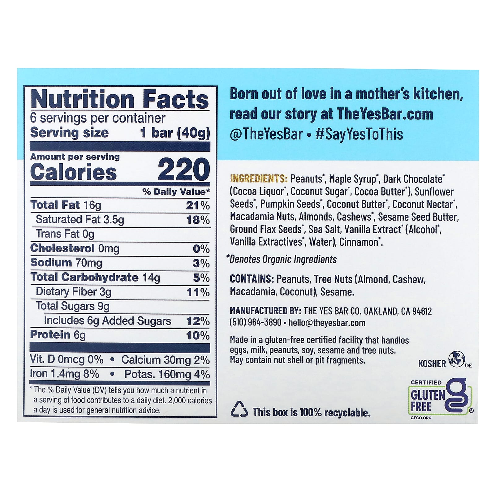 Yes Bar, Snack Bar, Peanut Butter Dark Chocolate with Sea Salt, 6 Bars, 1.4 oz (40 g) Each - Image 2