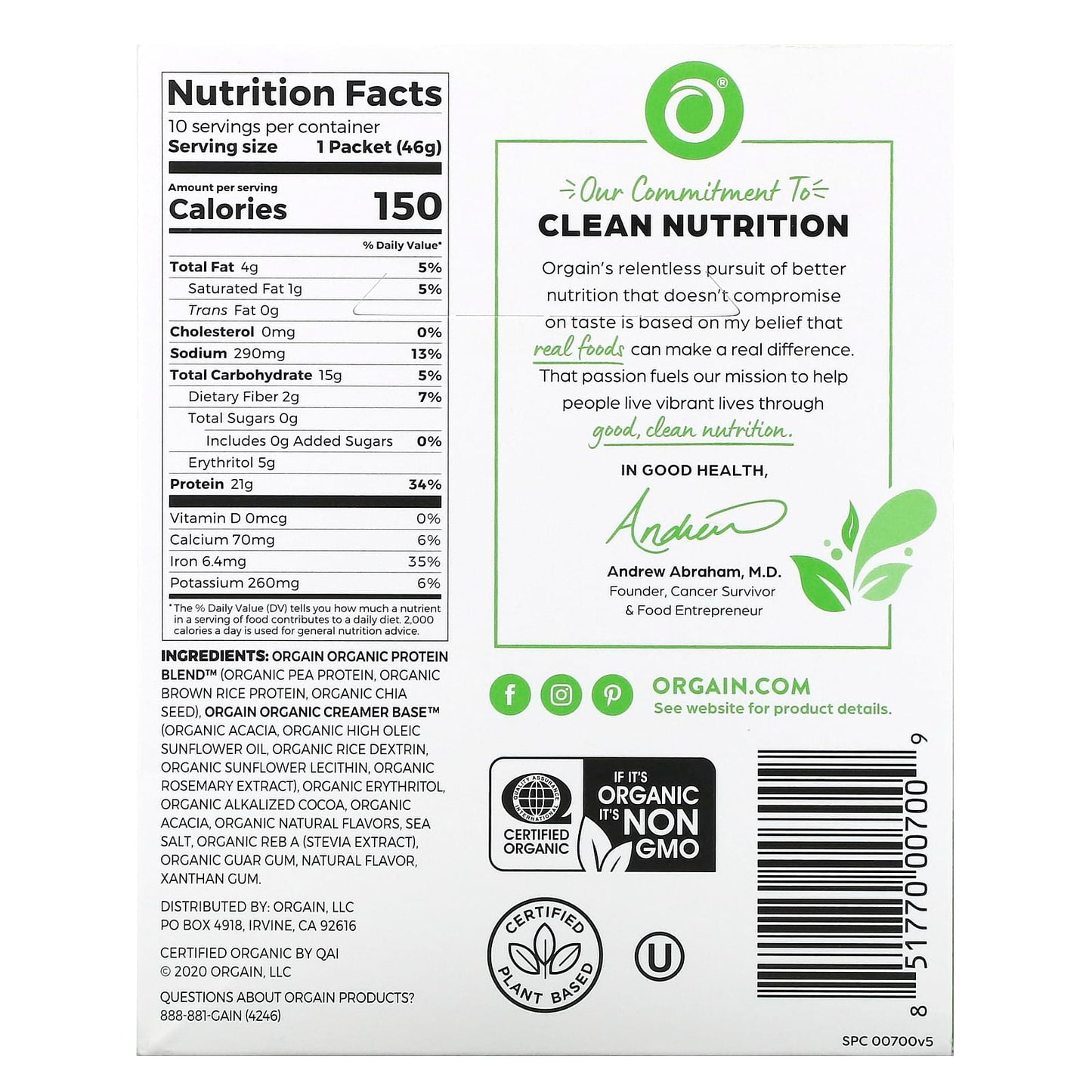 Orgain, Organic Protein Powder, Plant-Based, Creamy Chocolate Fudge, 1.62 oz (46 g) - Image 2