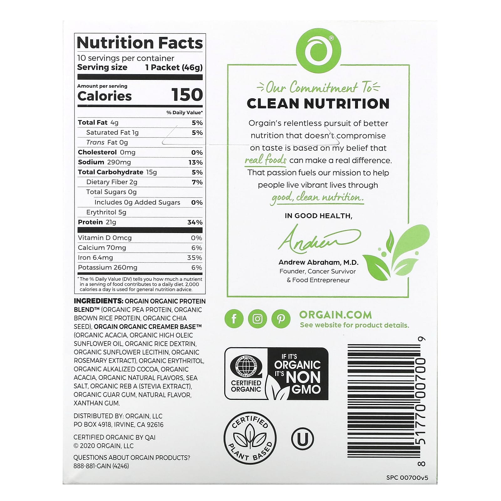 Orgain, Organic Protein Powder, Plant-Based, Creamy Chocolate Fudge, 1.62 oz (46 g) - Image 2