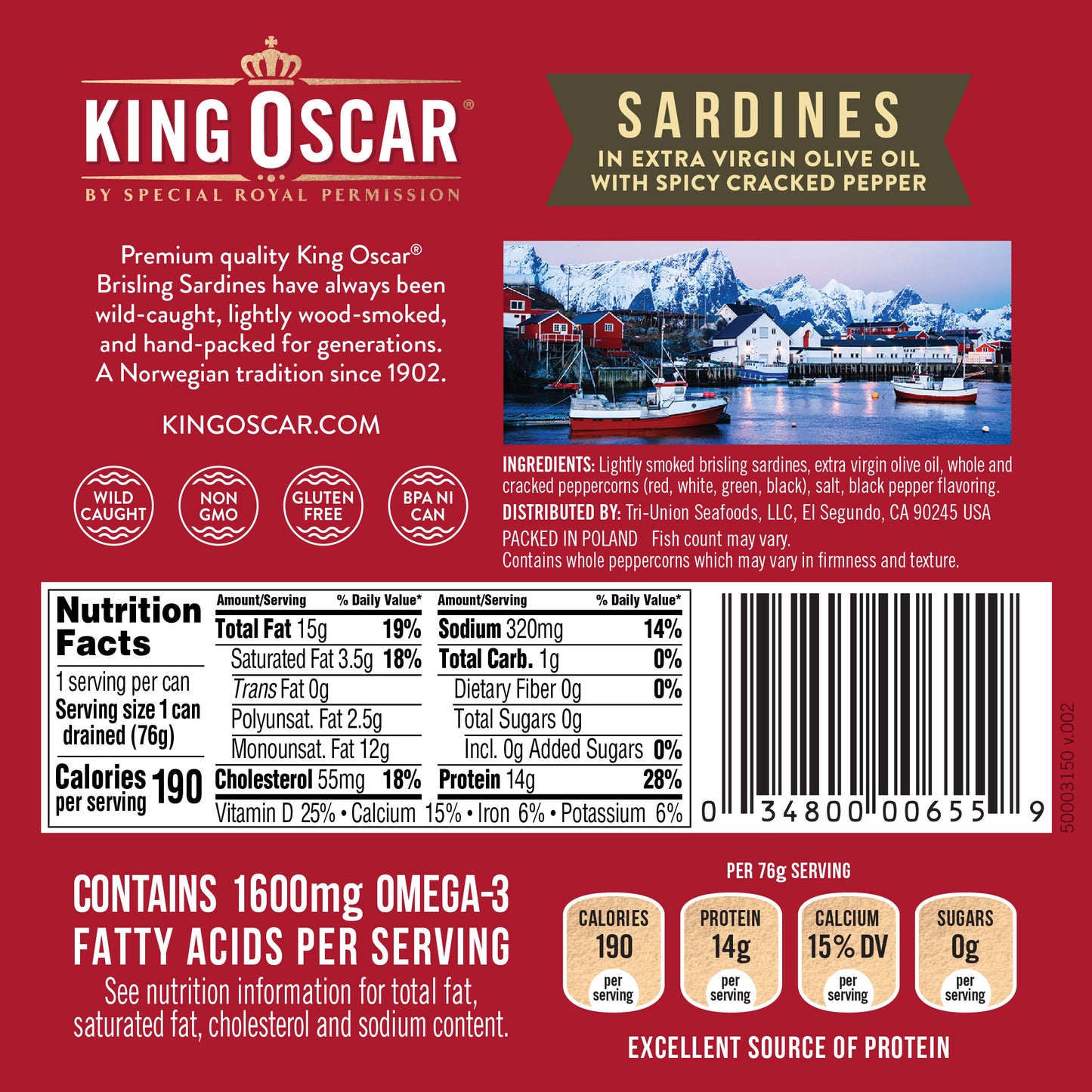 King Oscar, Wild Caught, Sardines In Extra Virgin Olive Oil, With Spicy Cracked Pepper, One Layer, 3.75 oz (106 g) - Image 2