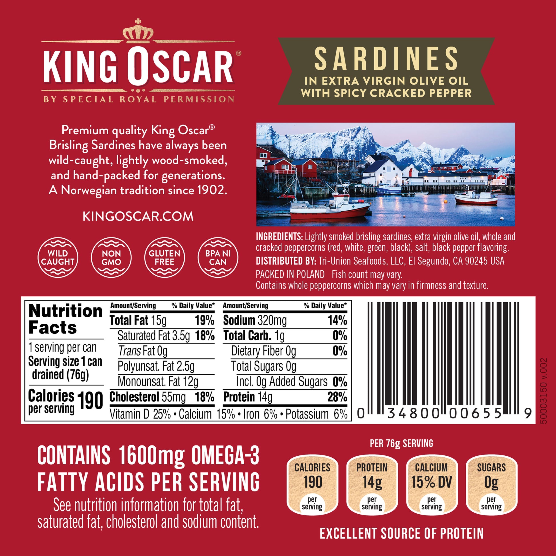 King Oscar, Wild Caught, Sardines In Extra Virgin Olive Oil, With Spicy Cracked Pepper, One Layer, 3.75 oz (106 g) - Image 2