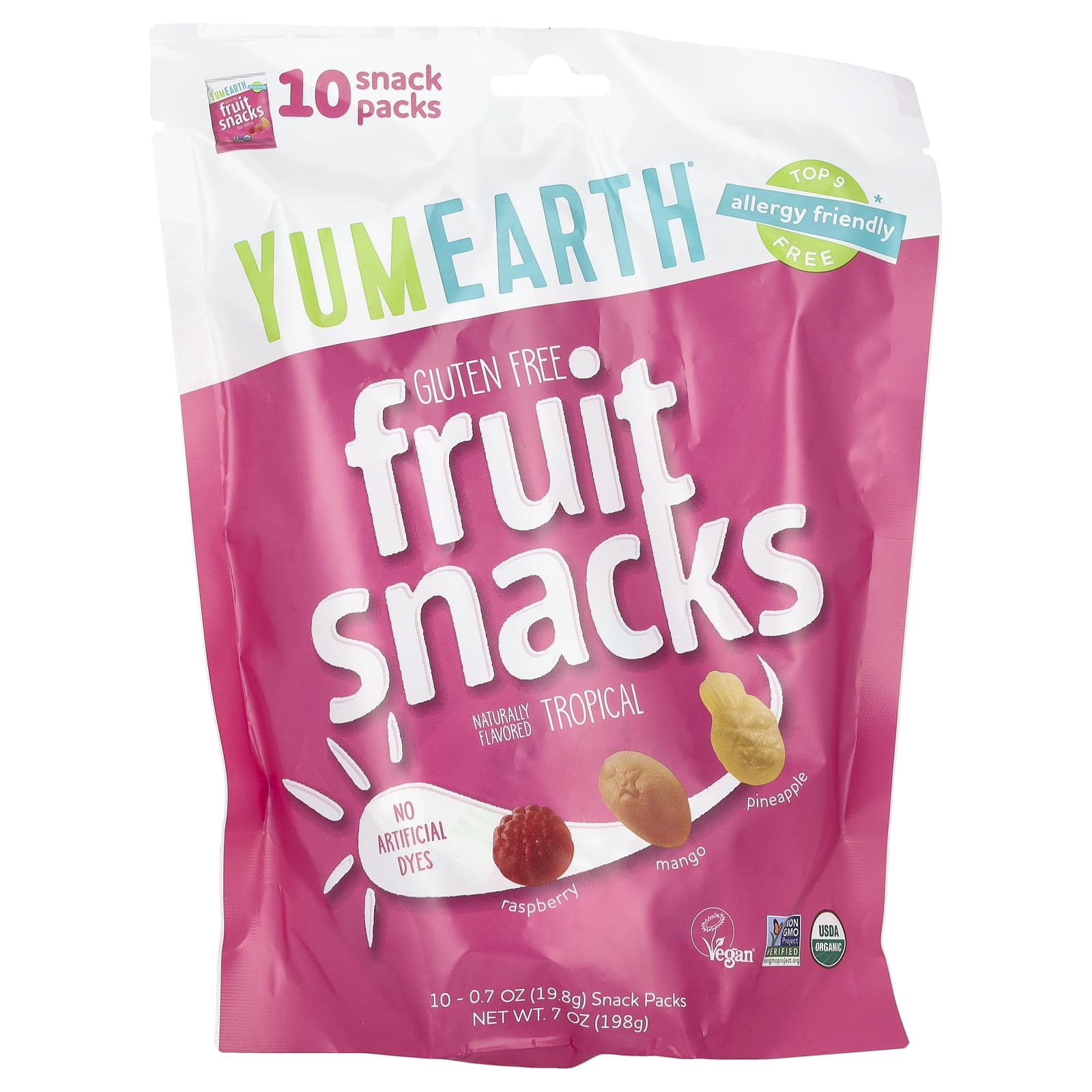 YumEarth, Gluten Free Fruit Snacks, Tropical, 10 Snack Packs, 0.7 oz (19.8 g) Each - Image 1
