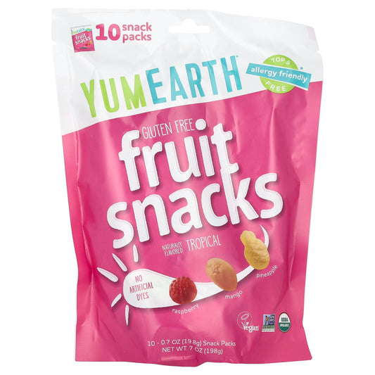 YumEarth, Gluten Free Fruit Snacks, Tropical, 10 Snack Packs, 0.7 oz (19.8 g) Each - Image 1