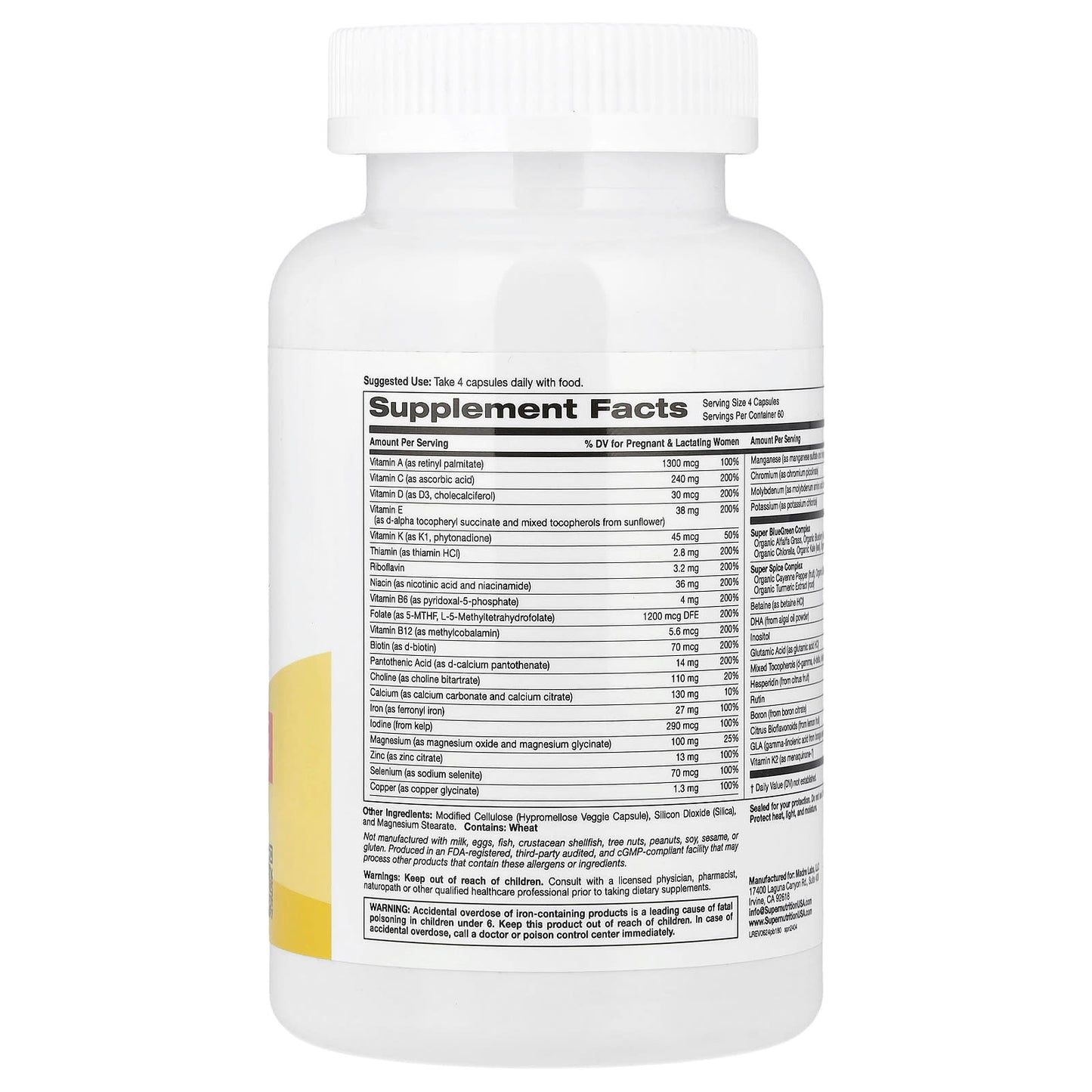 Super Nutrition, Prenatal Multivitamin with Super Greens, Spice Complex, Vitamin C, Choline and Folate, 240 Veggie Capsules - Image 2