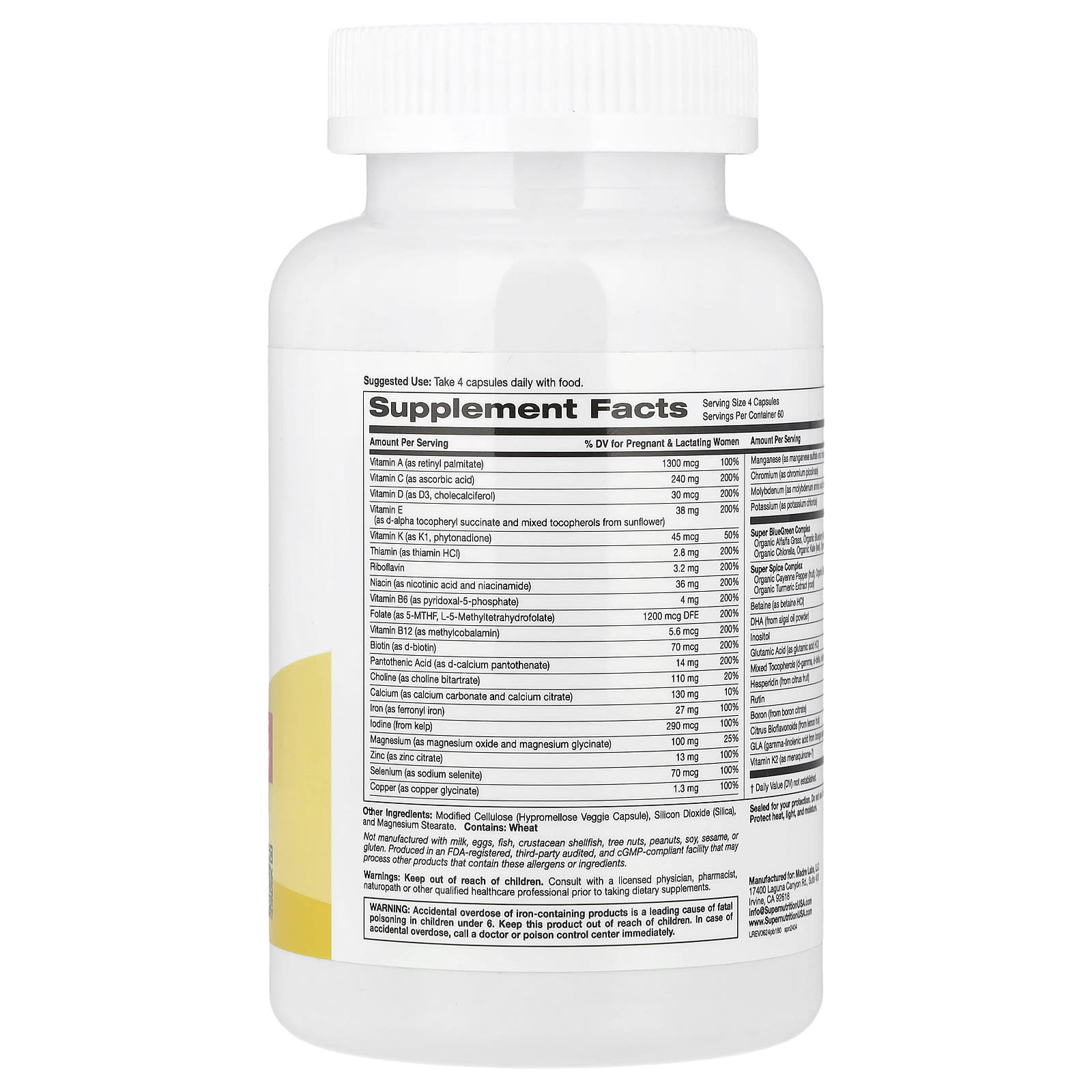 Super Nutrition, Prenatal Multivitamin with Super Greens, Spice Complex, Vitamin C, Choline and Folate, 240 Veggie Capsules - Image 2