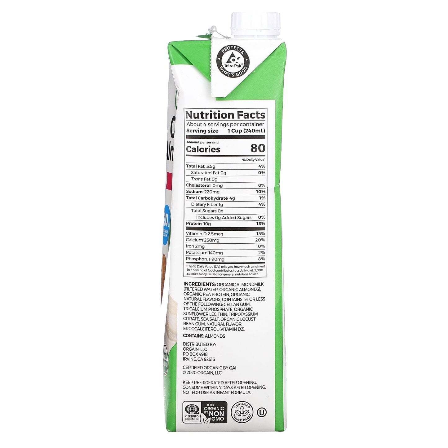 Orgain, Organic Almondmilk  + Protein, Plant-Based, Unsweetened Vanilla, 32 fl oz (946 ml) - Image 2