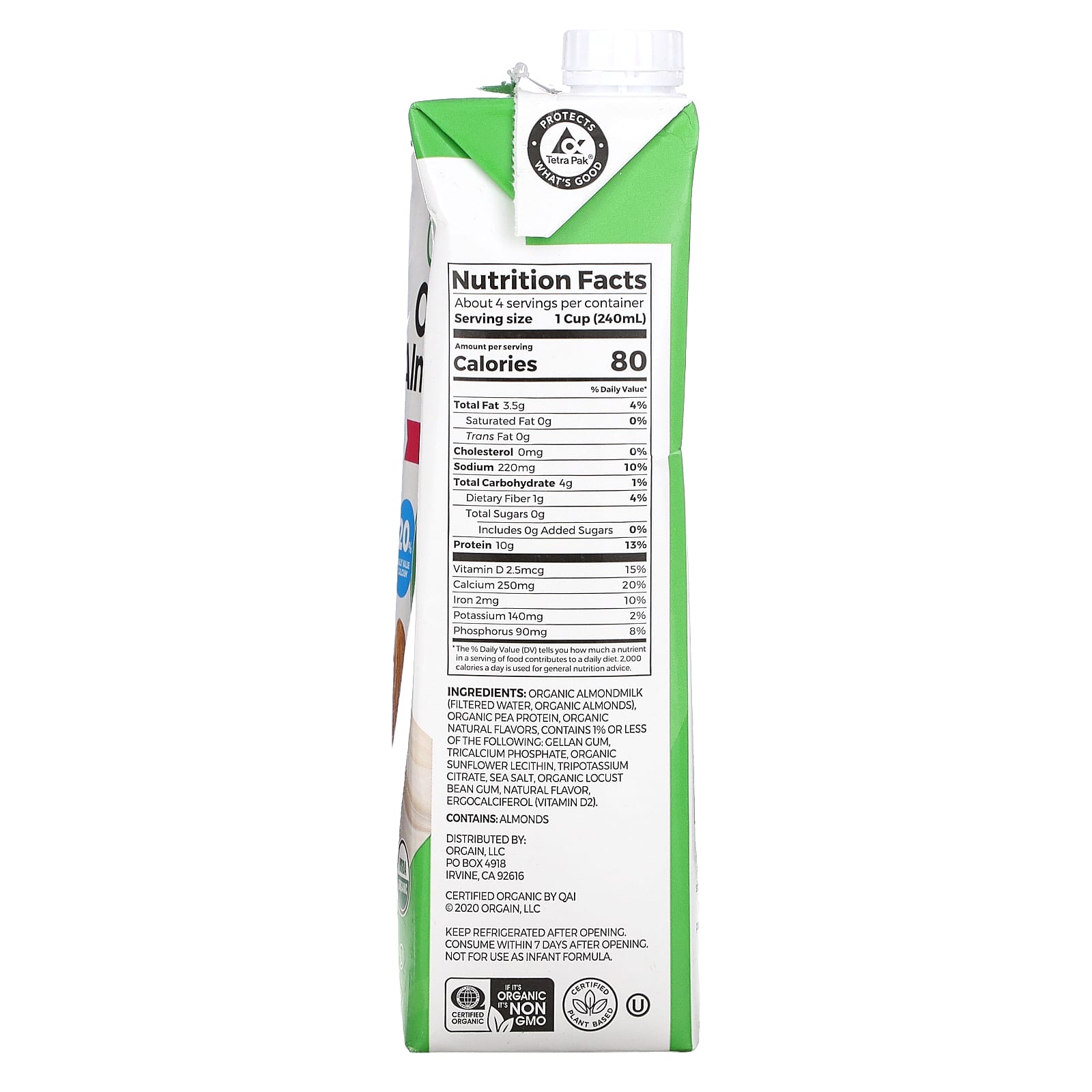 Orgain, Organic Almondmilk  + Protein, Plant-Based, Unsweetened Vanilla, 32 fl oz (946 ml) - Image 2