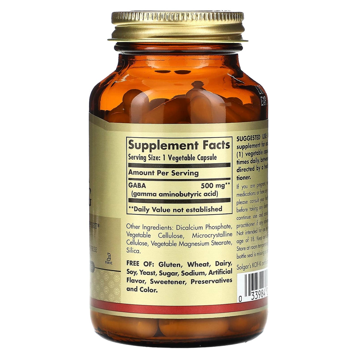 Solgar, GABA, 500 mg, 100 Vegetable Capsules - Image 2