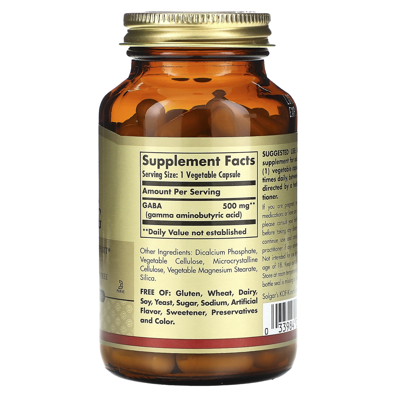 Solgar, GABA, 500 mg, 100 Vegetable Capsules - Image 2