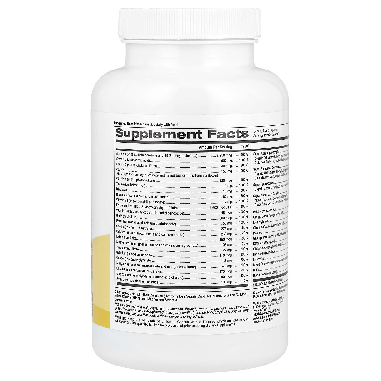 Super Nutrition, Perfect Family Multivitamin + Vitamin A, Methyl B12, Folate, Vitamin C, and Biotin, Iron Free, 240 Veggie Capsules - Image 2