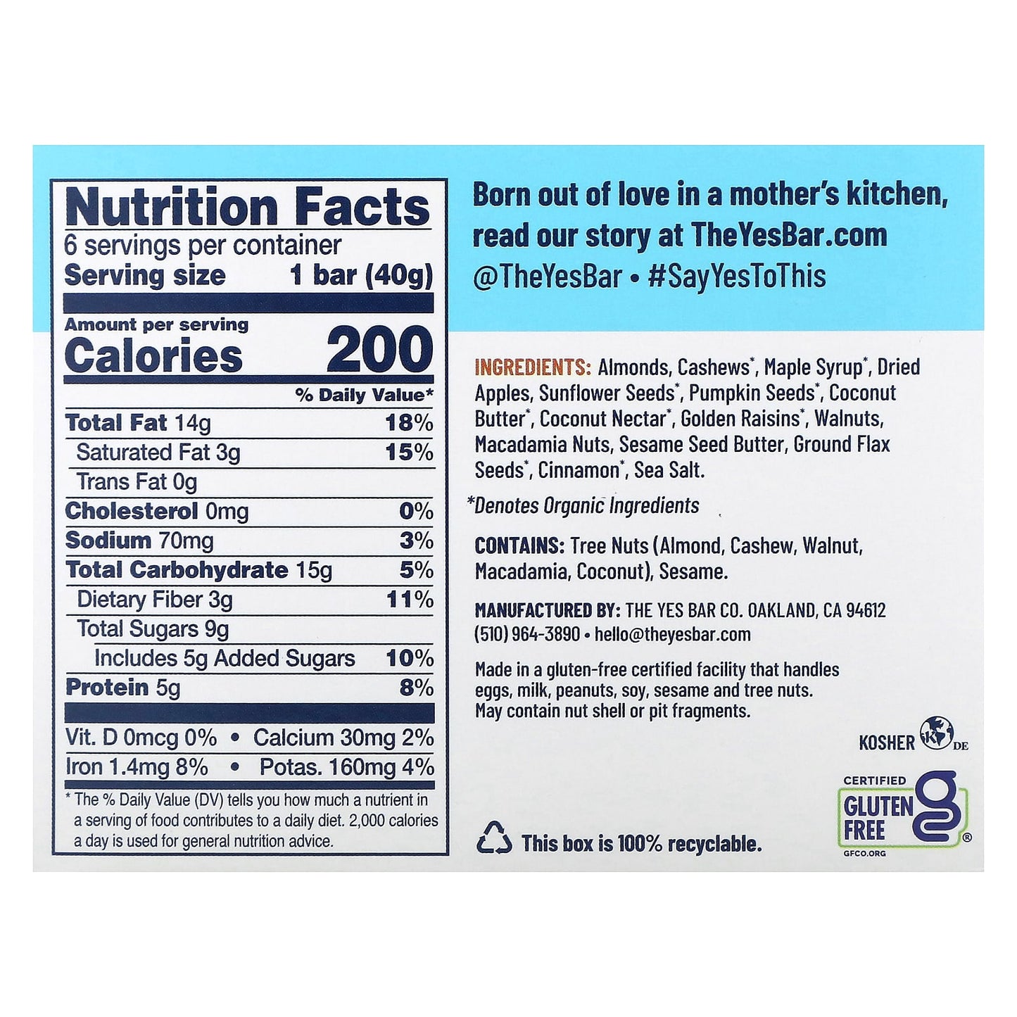 Yes Bar, Snack Bar, Apple Cinnamon Crisp, 6 Bars, 1.4 oz (40 g) Each - Image 2