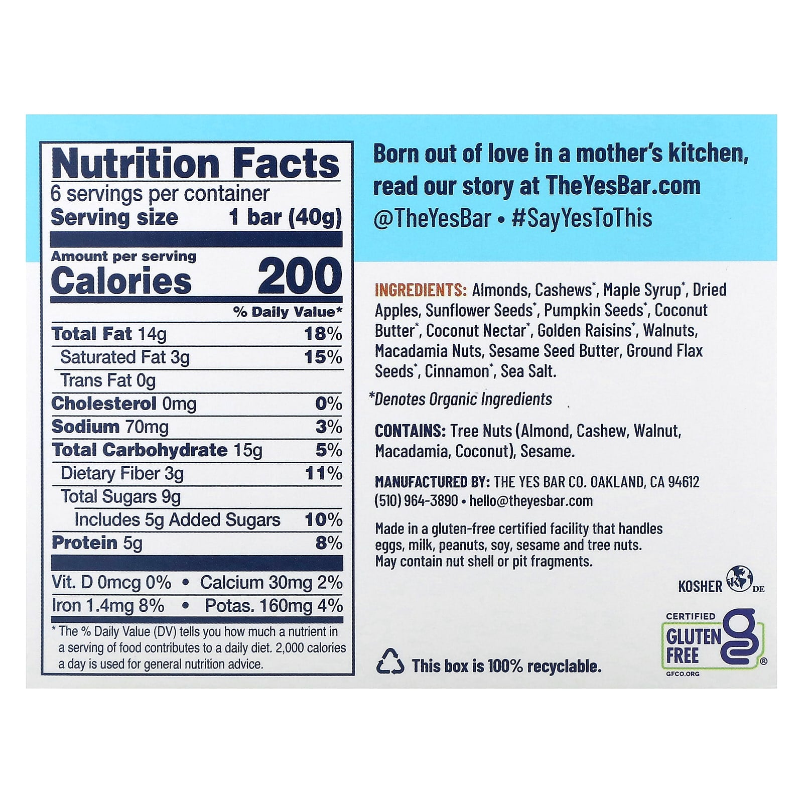 Yes Bar, Snack Bar, Apple Cinnamon Crisp, 6 Bars, 1.4 oz (40 g) Each - Image 2