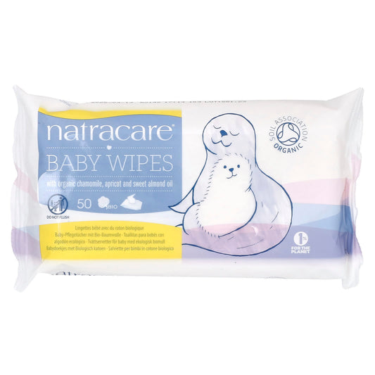 Natracare, Baby Wipes with Organic Chamomile, Apricot and Sweet Almond Oil, 50 Wipes - Image 1